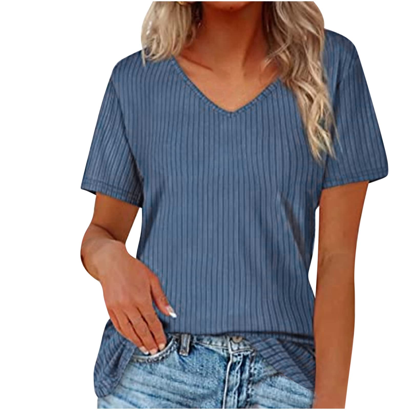 Women's Summer Ribbed Tops - Sexy Trendy Basic Loose Fit V-Neck Tunic Tee | Short Sleeve Casual Solid Color Blouse for Beach, Date Night & Everyday Wear