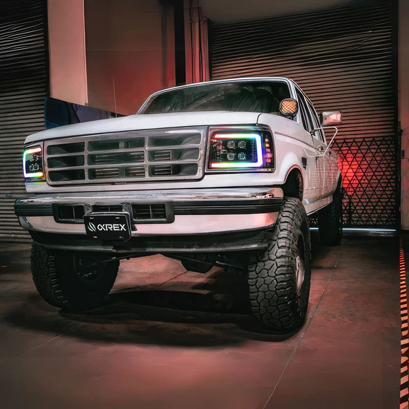 Alpharex Alphablack Flow Series Multicolor LED Headlights for 1992-1996 Ford F-Series & Bronco Trucks - Upgrade Lighting for Off-Road & Night Driving