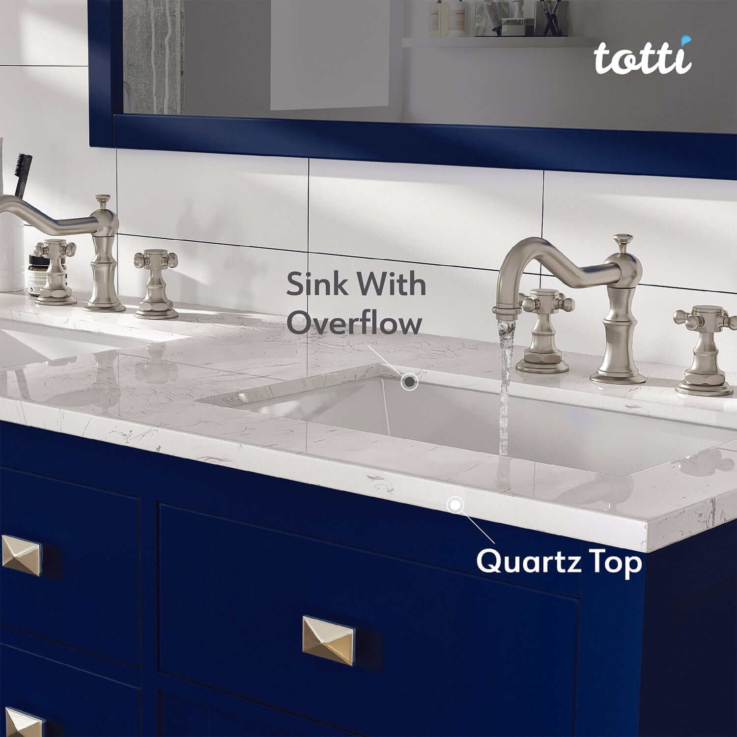 Totti Artemis 48 Inch Blue Transitional Double Sink Bathroom Vanity with White Carrara Style Quartz Countertop - Perfect for Modern Master Bathrooms and Guest Bath Suites