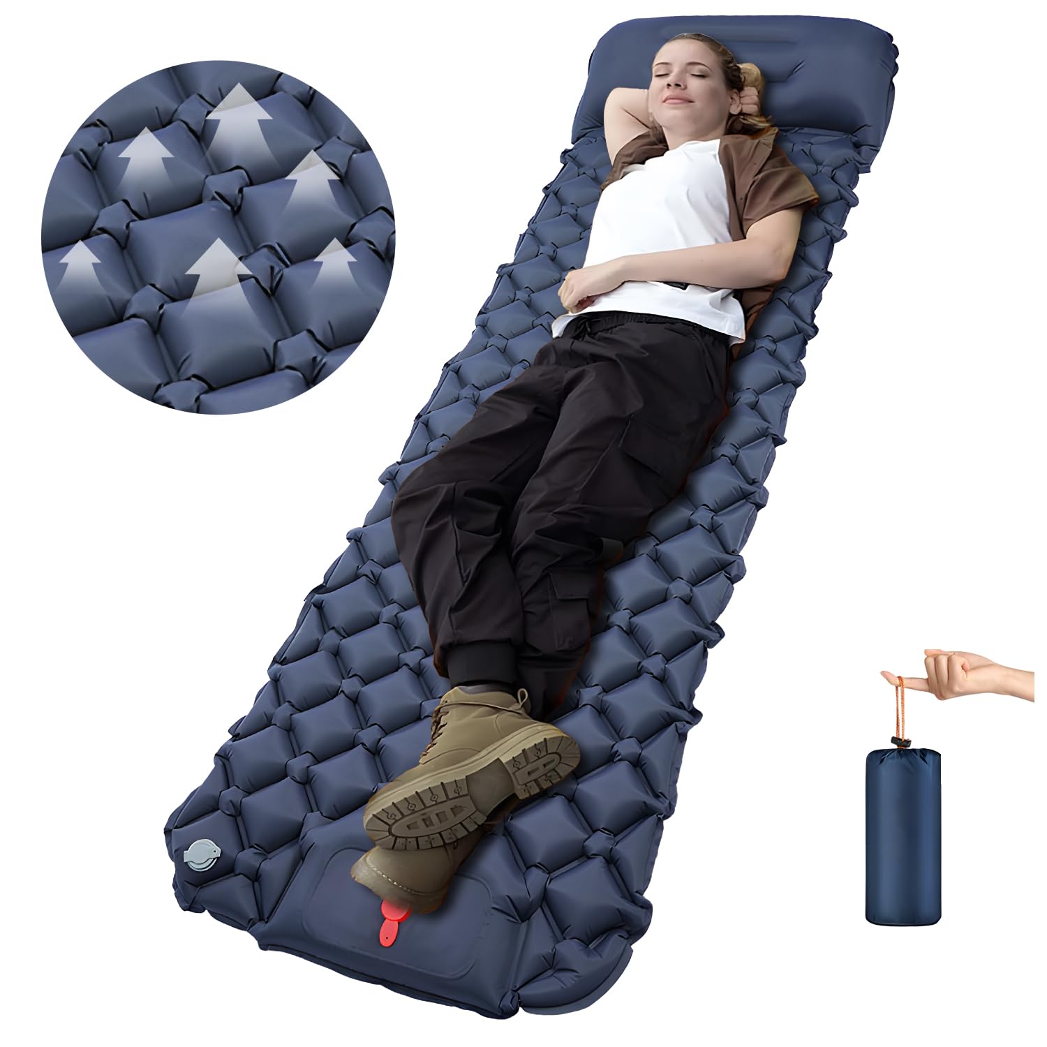 Ultra-Light Inflatable Camping Sleeping Pad with Built-in Foot Pump & Pillow - Perfect for Backpacking, Hiking, Travel - Navy Blue - Ideal for Outdoor Adventures, Camping Trips & Backpacking Sleep Comfort