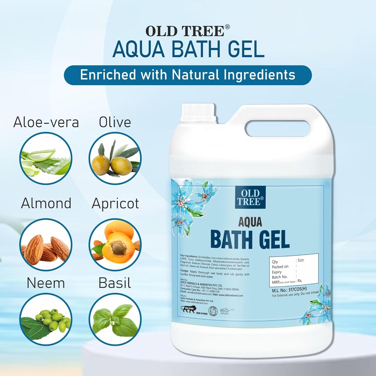 O'ld Tree Aqua Body Wash Gel - 169.07 Fl Oz (1.33 Gallons) Refillable Moisturizing Shower Gel for Dry Skin - Hotel Amenities, Guest House, Hospital & Wedding Venue Supplies - Perfect for Spa, Gym & Luxury Bathroom Use