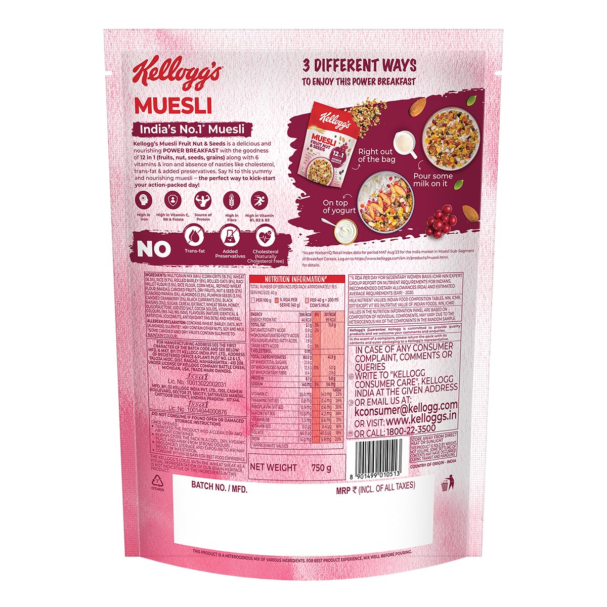 Kellogg's Muesli with Fruits, Nuts & Seeds - 750g | 12-in-1 Power Breakfast Cereal | India's No.1 Multigrain Muesli | Healthy Morning Meal for Weight Loss & Energy Boost | Perfect for Busy Professionals & Fitness Enthusiasts