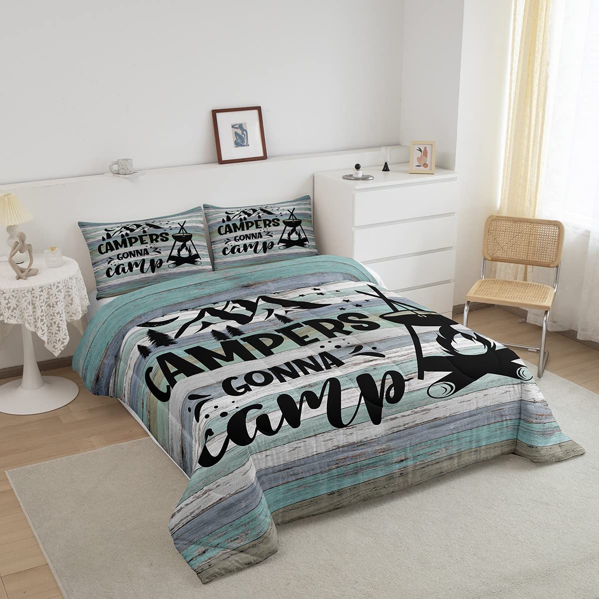 Erosebridal Happy Camping Comforter Set for Teens - Twin Size Camper Bedding with Sketch Drawing Design, Rustic Farmhouse Quilted Duvet Cover (2Pcs) - Perfect for Kids & Teens Bedroom Decor, Camping Themed Room Makeover