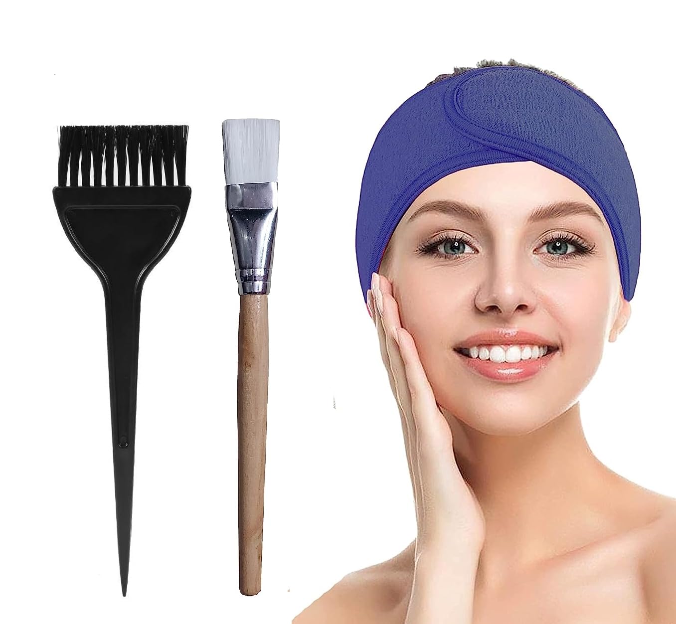 ZAUKY 1PC Cotton Facial Headband for Women | Stretchable & Adjustable Hair Band with Face Pack Brush & Hair Dye Applicator Brush Combo | Perfect for Home Spa, Salon Treatments, and DIY Hair Coloring