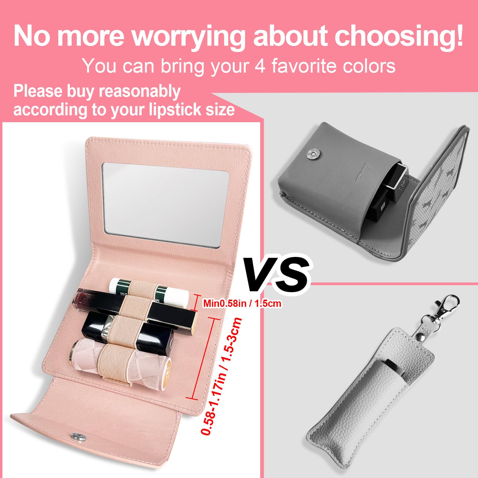 PU Lipstick Holder with Mirror - Holds 4 Long Lipsticks, Makeup Travel Organizer Case | Portable Cosmetic Pouch for Women | Perfect for Travel, Daily Use & Gift Giving