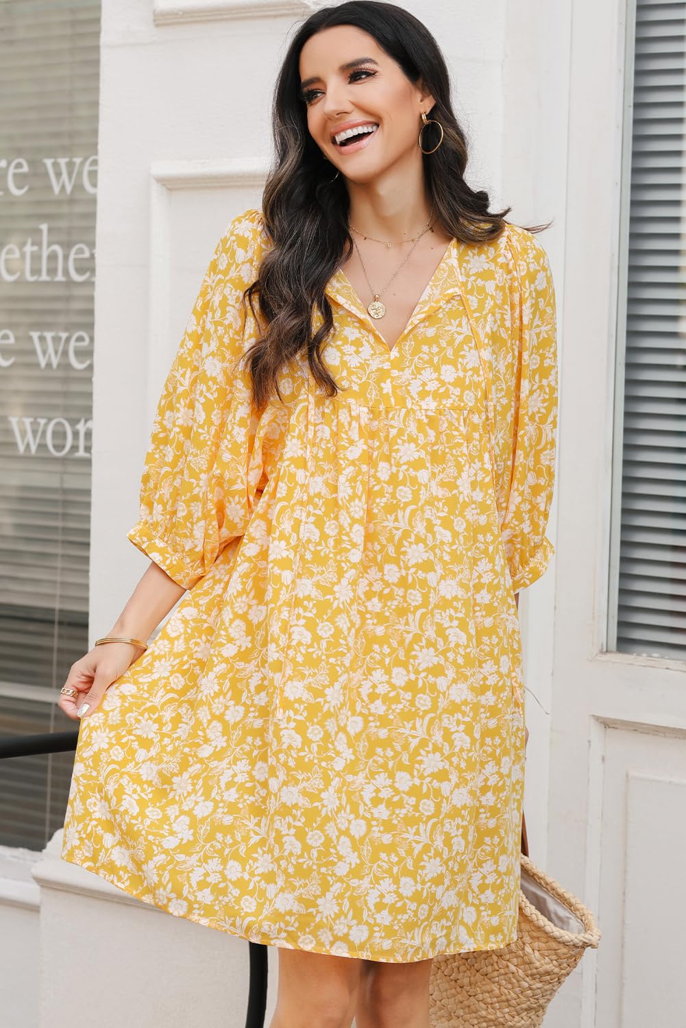 Dokotoo Women's Summer Dresses 2025 - Boho Floral Print Chiffon Mini Dress with V-Neck & Lantern Sleeves | Beach Vacation Sundress, Casual Outfit for Summer Parties & Tropical Getaways