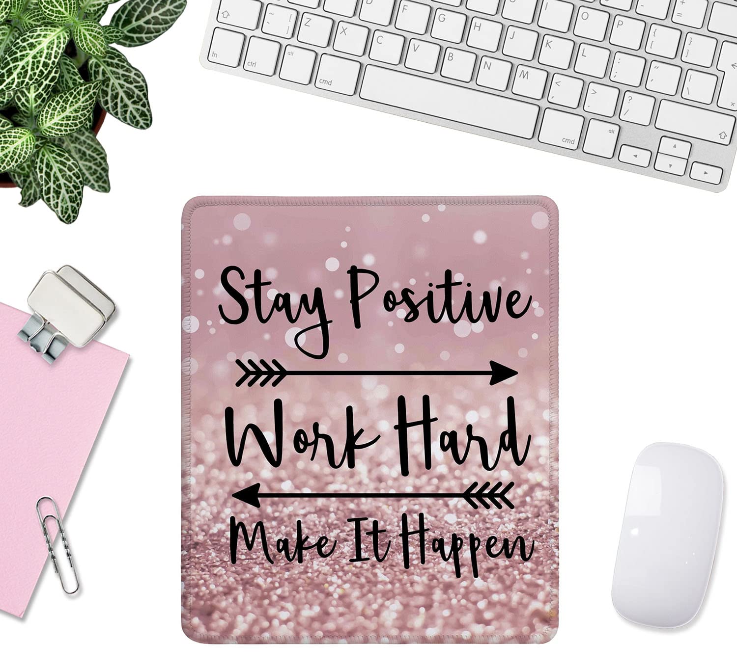 Motivational Mouse Pad for Women - Inspirational Quote 'Stay Positive Work Hard Make It Happen' - Non-Slip Rubber Base & Stitched Edge Square Mousepad for Office, Laptop, Home Desk - Perfect for Work from Home, Study, and Productivity