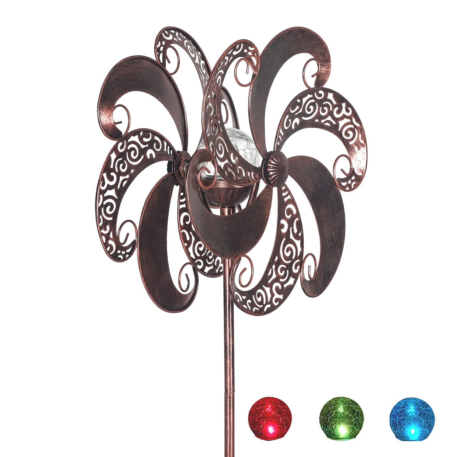 Adeco Solar Wind Spinner Lights - Auto-Changing Color Metal Solar Garden Decor, Waterproof Kinetic Lawn Ornaments for Patio, Yard, Pathway - Outdoor Windmill Sculpture for Nighttime Decoration & Landscape Lighting