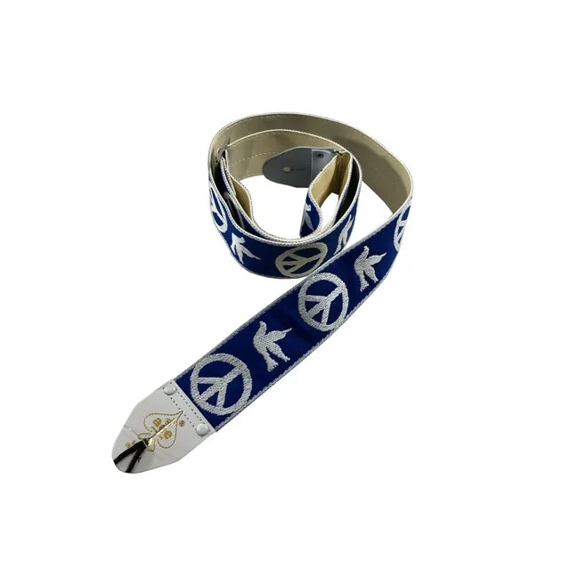 Vintage Style Guitar Strap with Blue and White Peace Dove Design - Comfortable & Adjustable for Acoustic & Electric Guitars - Perfect for Performances, Practice & Music Lovers