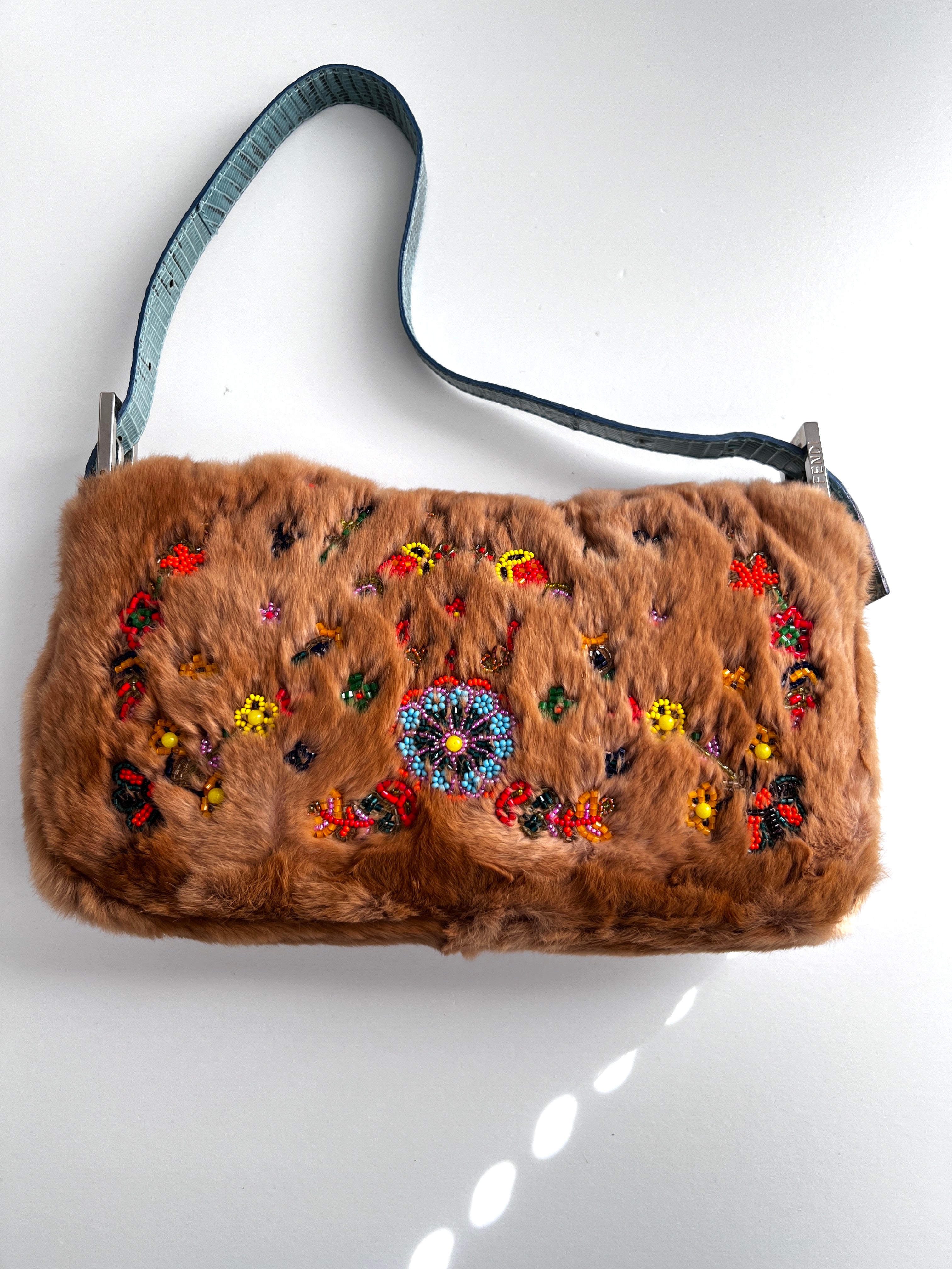 Vintage Fendi Caramel Rabbit Fur Beaded Baguette Bag - Luxury Designer Handbag for Women, Perfect for Evening Parties & Special Occasions