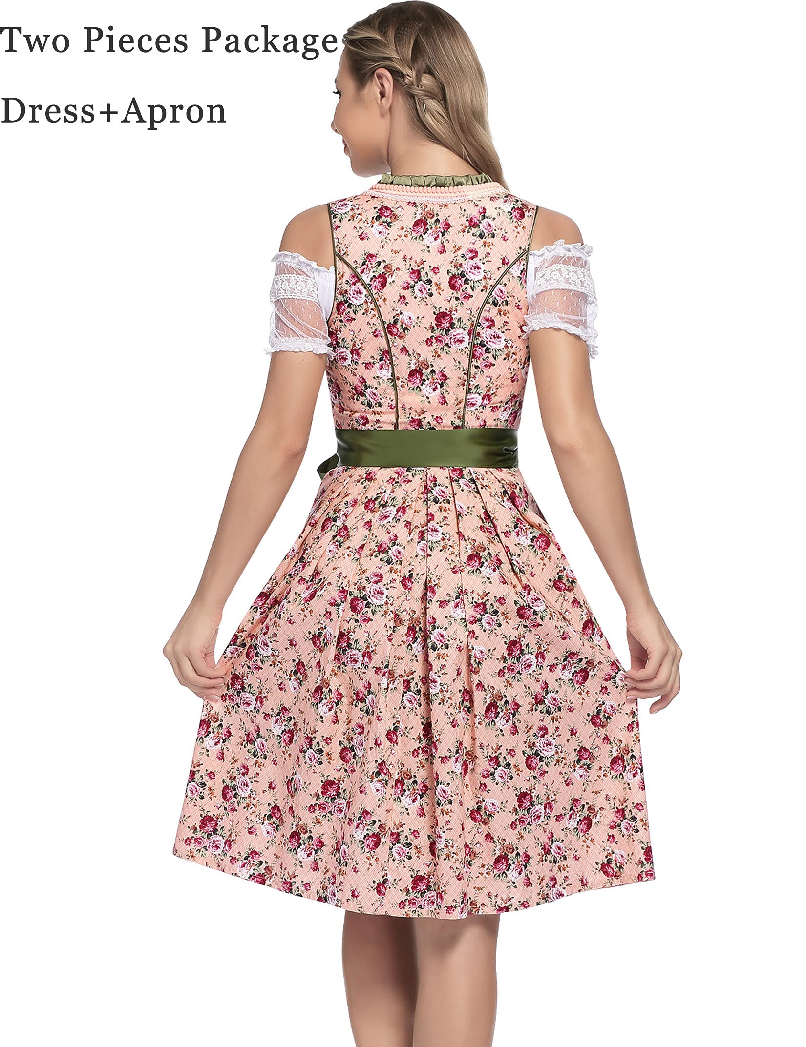 GloryStar Women's German Dirndl Dress - Traditional Bavarian Oktoberfest Costume 2-Piece Set in Green & Pink | Beer Garden Party, Cultural Festival, Halloween Costume