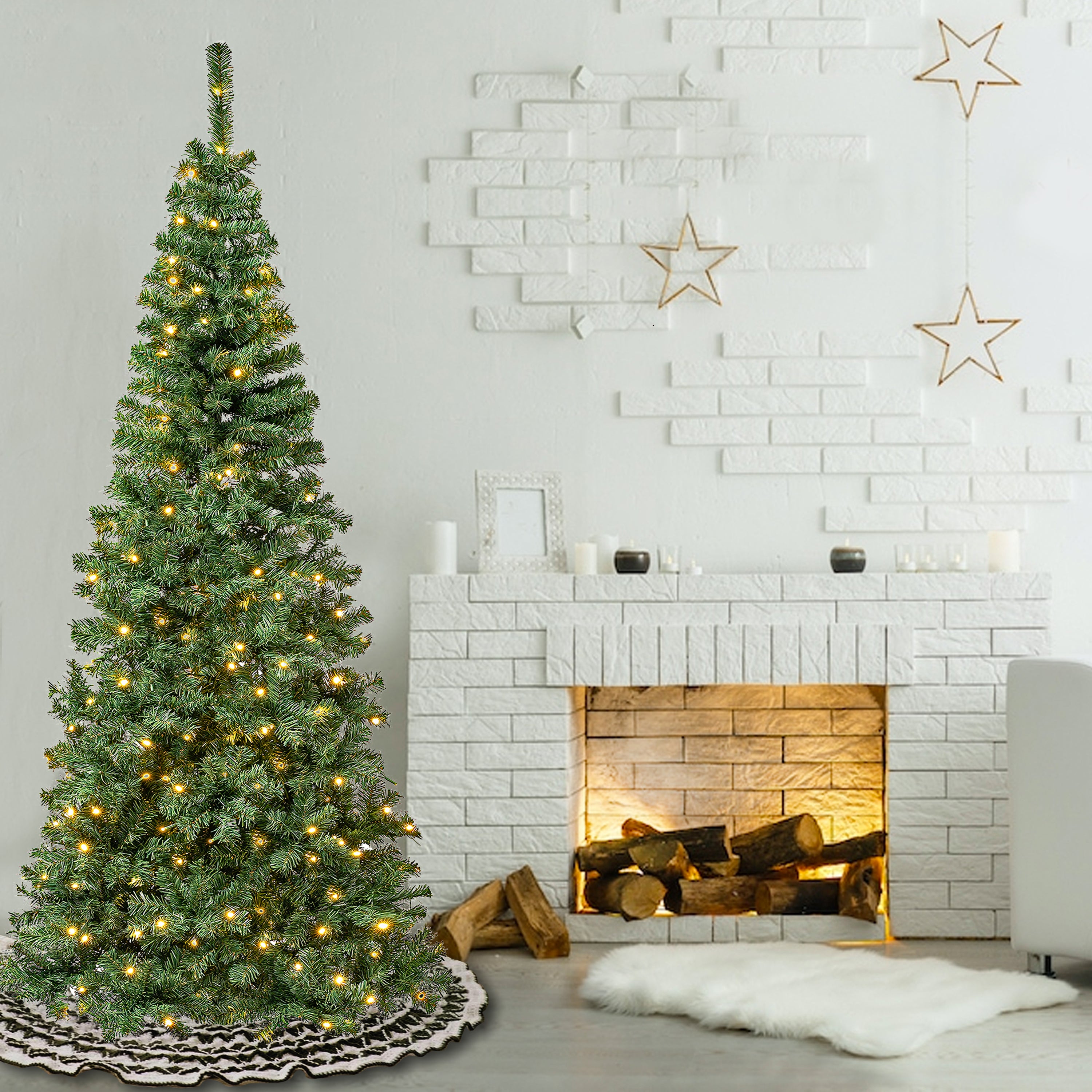 7.5 ft Pre-Lit Linden Spruce Slim Christmas Tree with 600 Warm White LED Lights - Perfect for Small Spaces, Apartments & Holiday Decorations