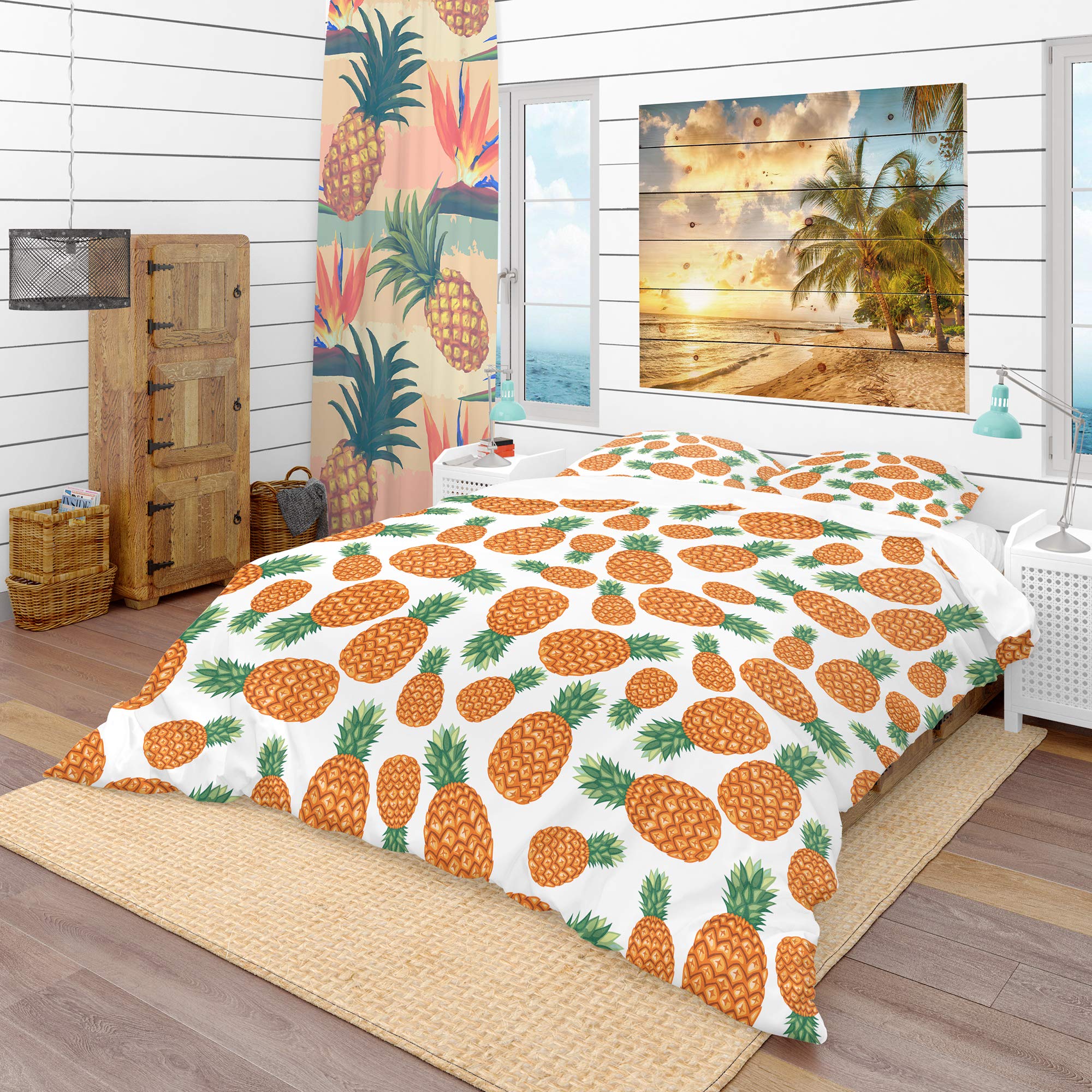DesignQ Pineapple Fruit Pattern Tropical Duvet Cover Set - King Size Bedding with Pillowcases - Vibrant Summer Home Decor for Beach House & Boho Bedroom
