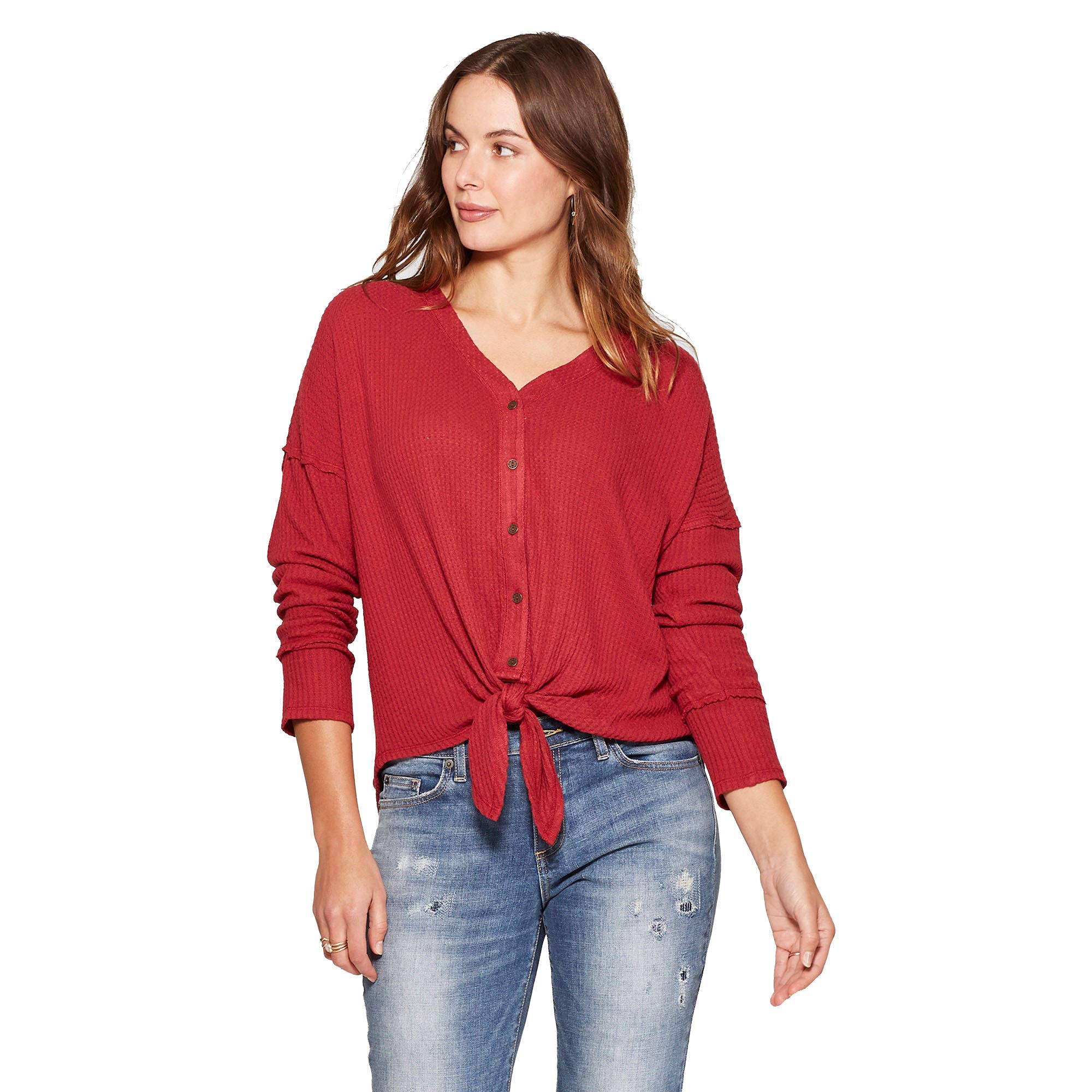 Knox Rose Women's Long Sleeve Waffle Knit Tie Front Blouse - Stylish Casual & Work Tops for Fall & Winter - Perfect for Office, Date Night and Everyday Wear