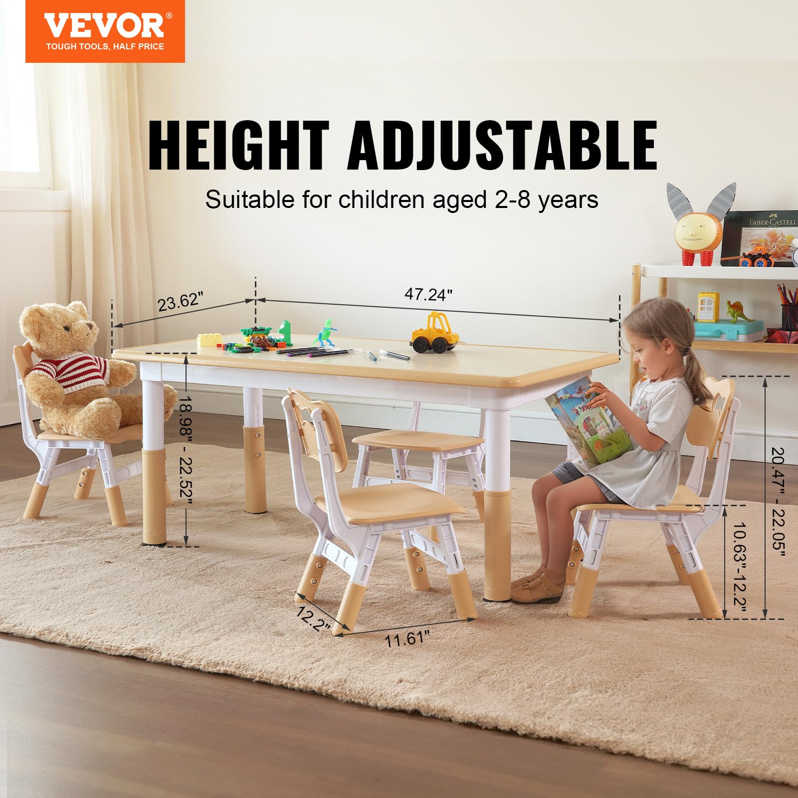 VEVOR Adjustable Kids Table and 4 Chairs Set - Toddler Activity Table with Graffiti Desktop for Art, Crafts, Reading & Learning - Perfect for Playroom, Preschool & Homeschooling