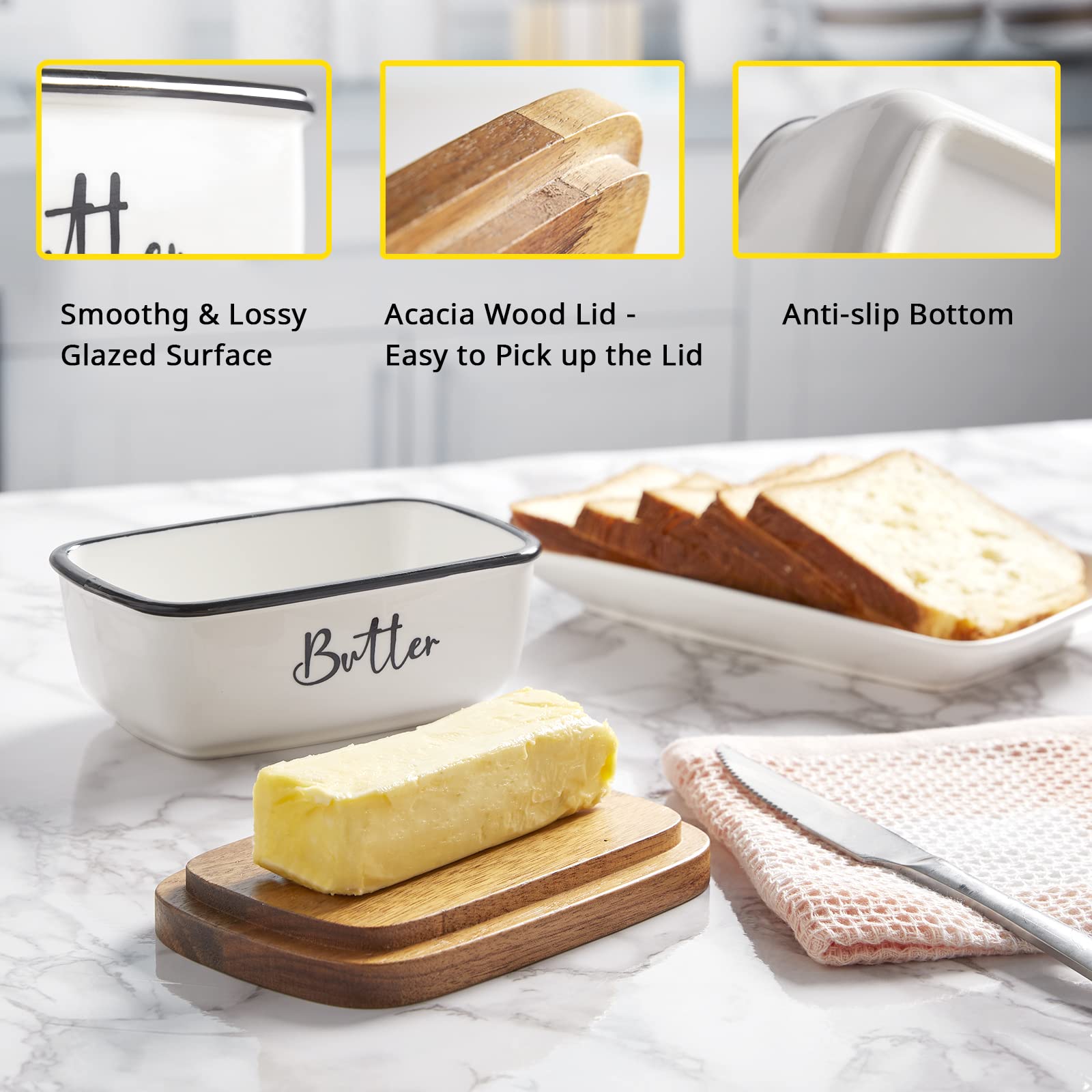 ALELION Large Ceramic Butter Dish with Acacia Wood Lid - Airtight Butter Keeper for Countertop Storage | Elegant White Kitchen Decor | Perfect Housewarming & Wedding Gift for Baking Enthusiasts (Ideal for Restaurants, Breakfast Tables & Holiday Gatherings)