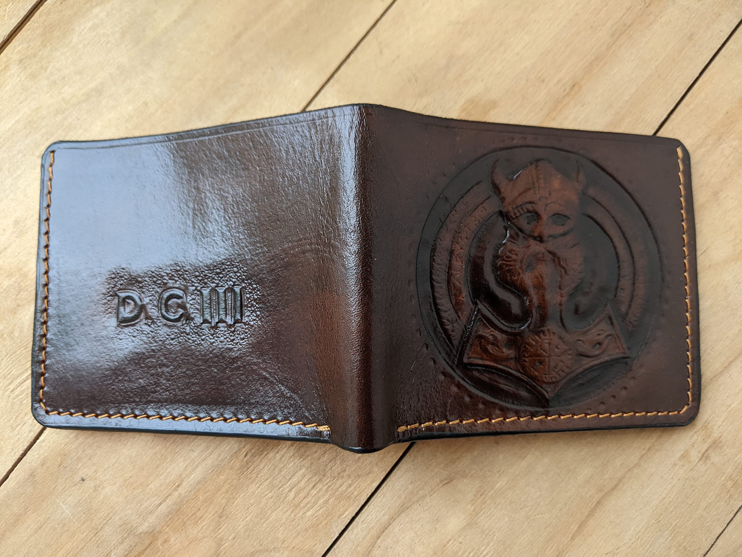 Thor Hammer Viking Men's 3D Genuine Leather Bifold Wallet - Handmade Odin Mjolnir Carved Tooled Airbrush Art Custom Personalized Wallet for Everyday Use & Gift Giving