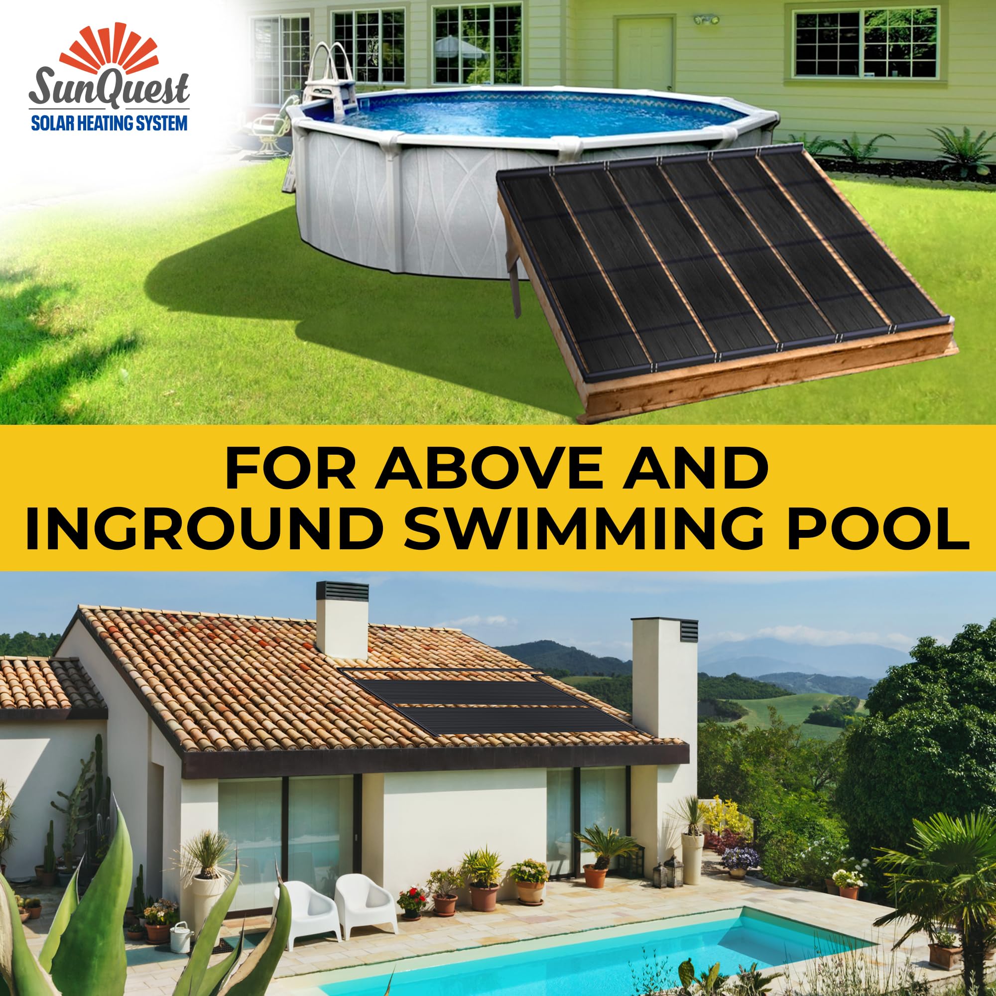 SunQuest Solar Pool Heater Panels - 2 Pack (2ft x 10ft) Solar Water Heating Collectors with Roof/Rack Mounting Kit - for Above Ground & Inground Swimming Pools - DIY Installation - UV Resistant Polypropylene Tube Web Design - Perfect for Extending Pool Season & Energy Savings