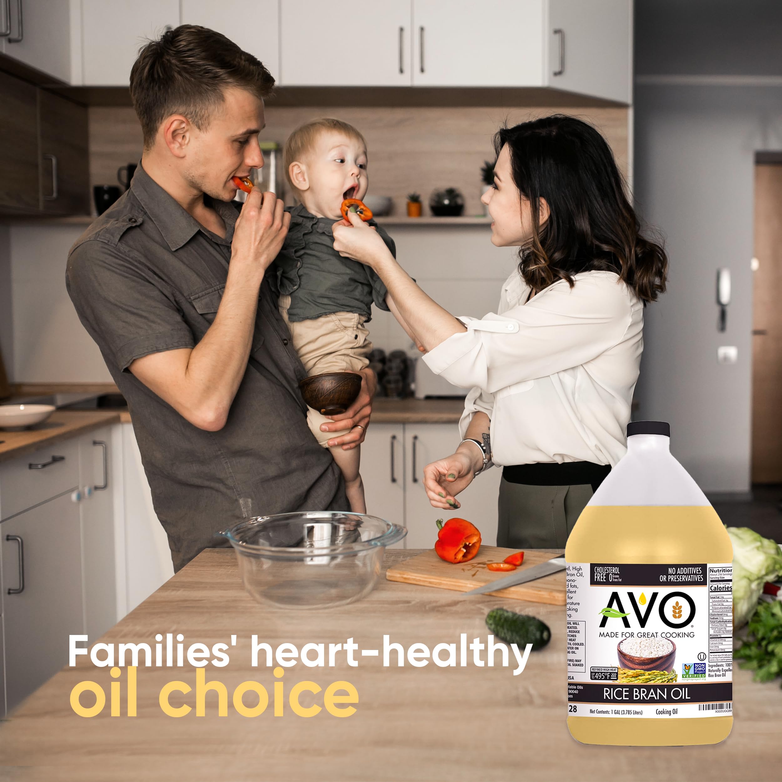 AVO NON GMO 100% Pure Rice Bran Oil - 1 Gallon (128 oz) - Natural Cooking Oil for Frying, Baking & Salad Dressing - No Preservatives Added - Healthy Kitchen Essential