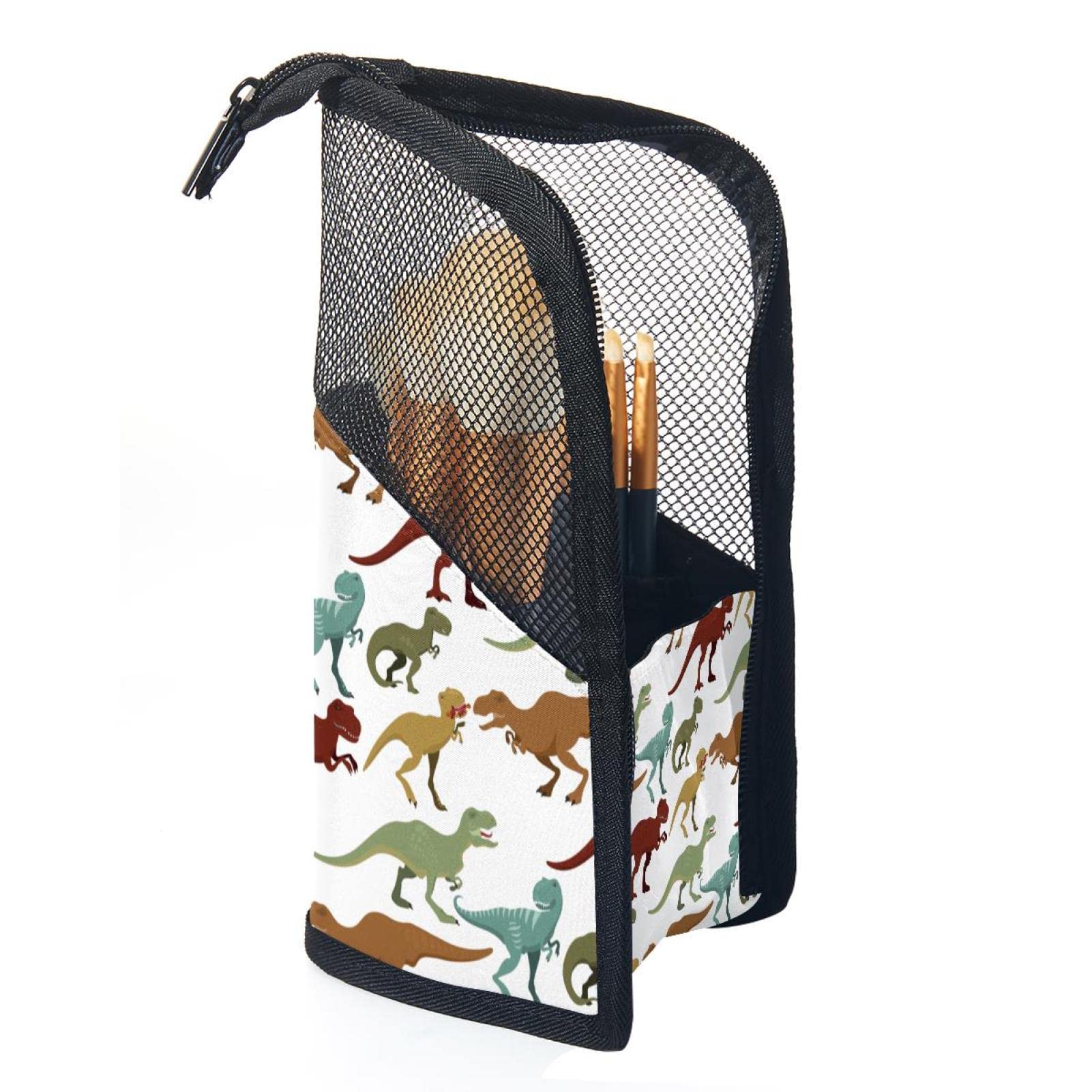 Professional Makeup Brush Holder Organizer with 12 Cosmetic Brushes - Dinosaur Stand-up Storage Pouch & Travel Makeup Cup for Women & Girls | Perfect for Home Vanity, Travel & Artist Brush Organization