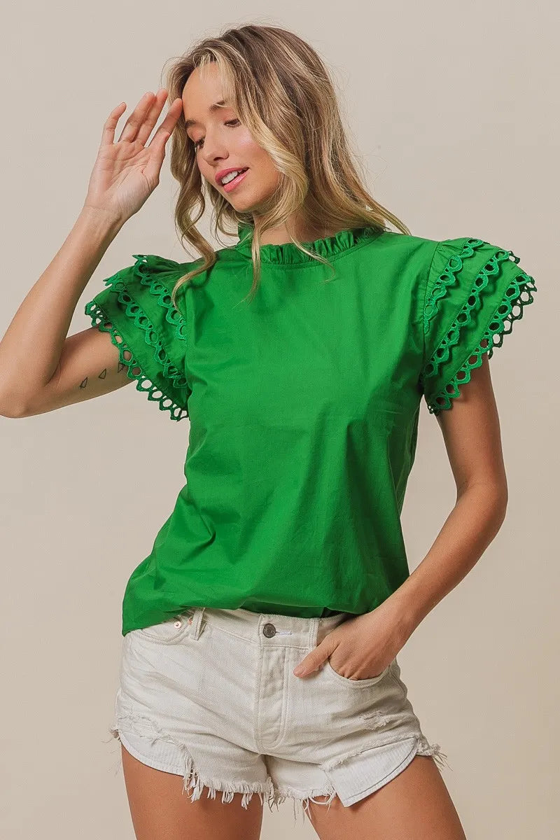 BiBi Solid Woven Circle Trim Ruffle Top Women's Fashion Blouse | Perfect for Casual Outings, Date Nights & Summer Vacations
