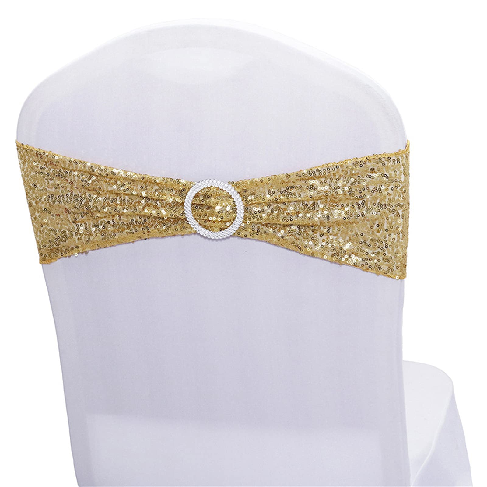 10 PCS Stretch Sequin Chair Sashes - Gold Elastic Spandex Bands for Wedding, Reception, Banquet Chair Decorations - Perfect for Party, Bridal Shower & Event Decor