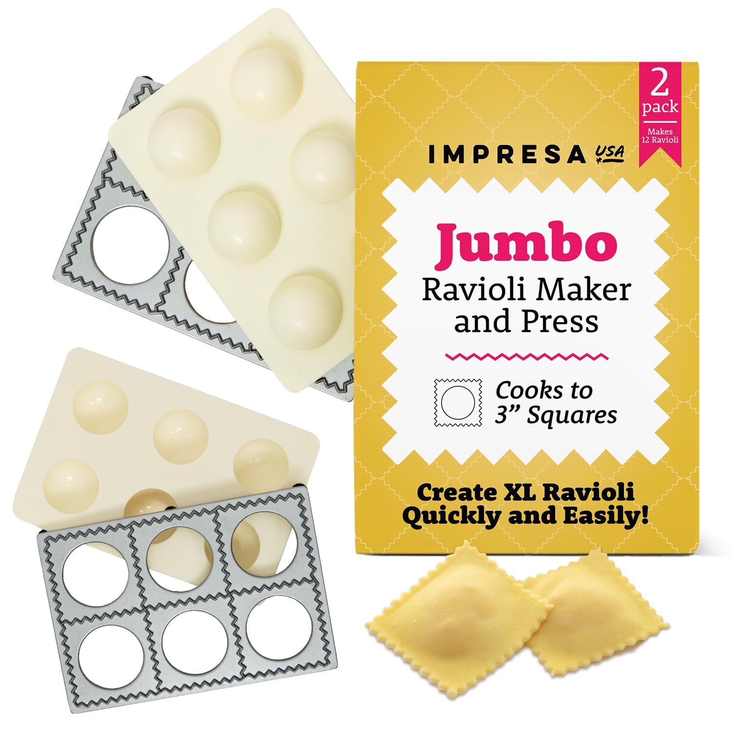 IMPRESA 2-Pack Jumbo Ravioli Maker Press Set (2.5-Inch) - Pasta Dough Cutter & Sealer for Homemade 12 Ravioli - Perfect for Italian Cooking, Family Dinners & Pasta Making Parties