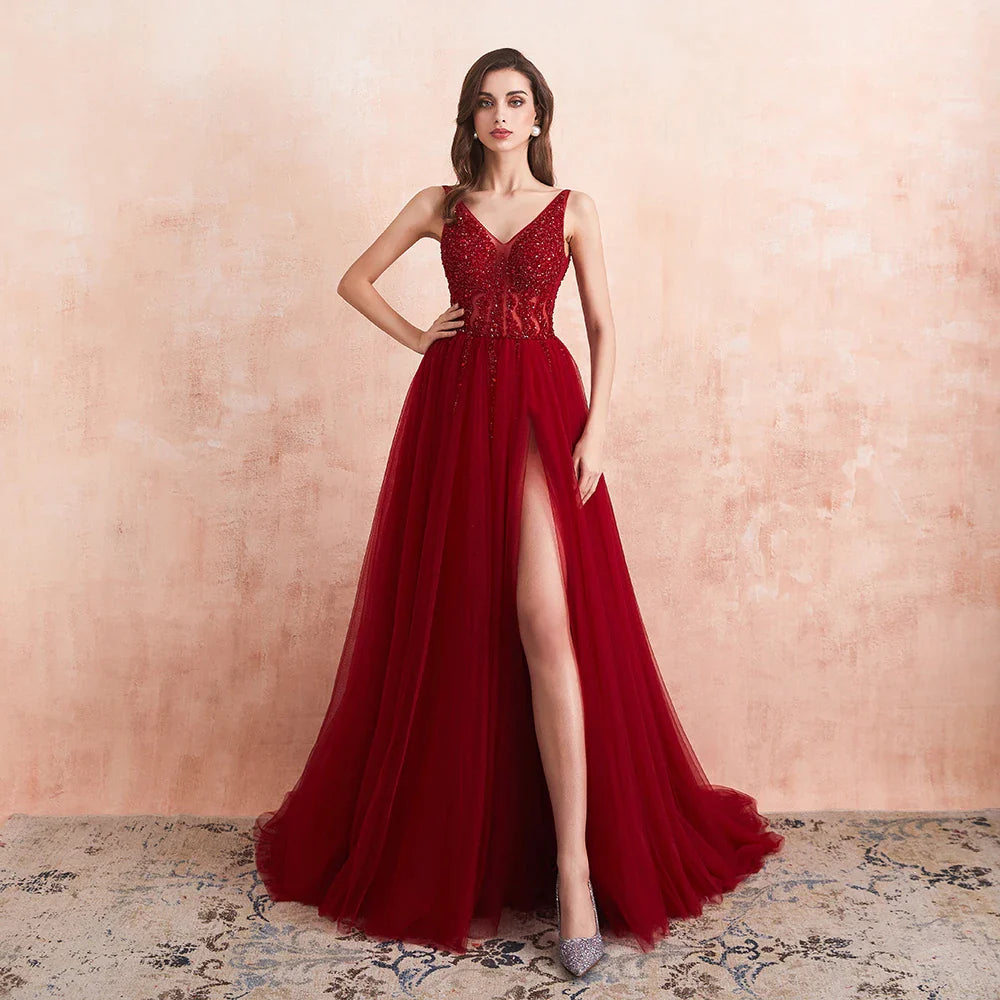 Elegant Beaded Prom Dresses - Long Sexy V-Neck High Slit Tulle Evening Gown with Sweep Train | Sleeveless A-Line Backless Formal Dress for Homecoming, Wedding, Party & Special Occasions