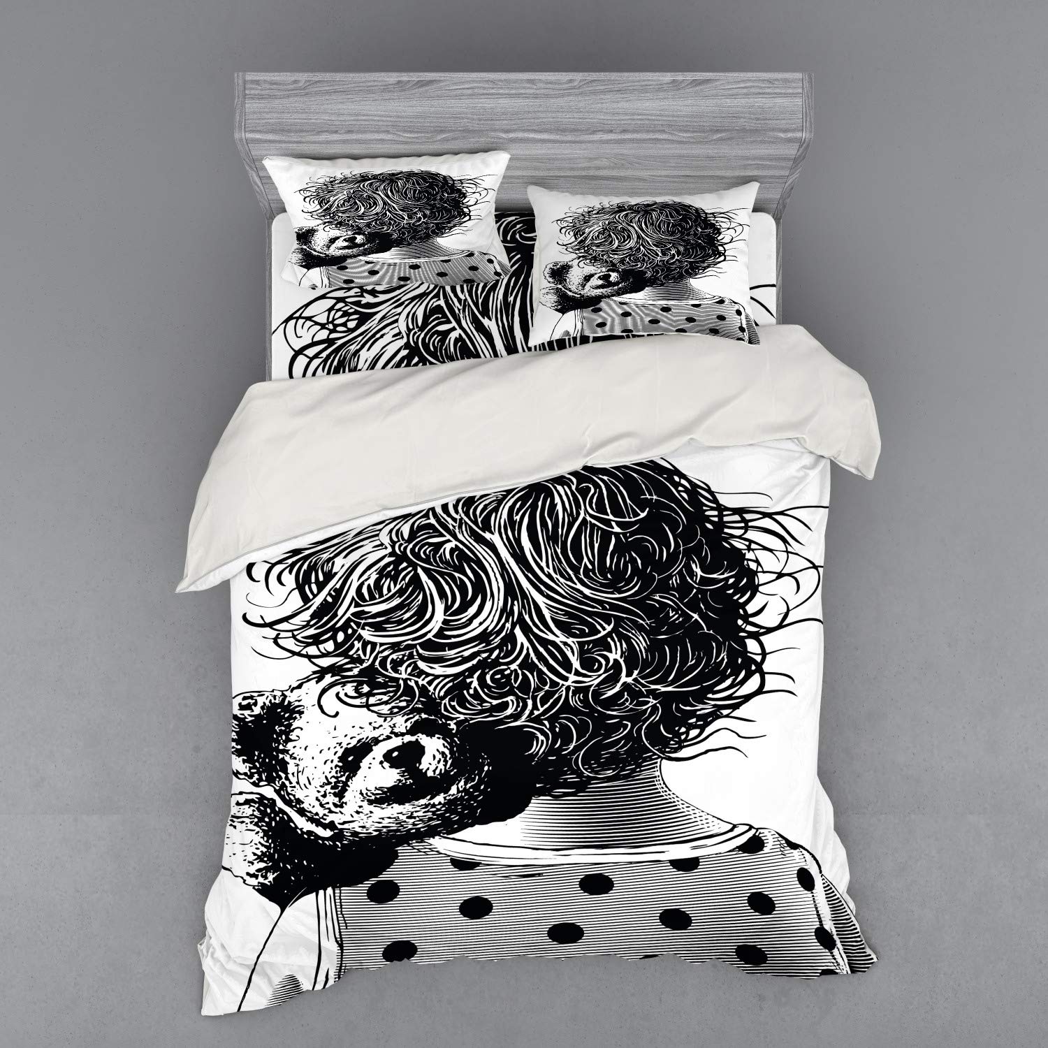 Ambesonne Cartoon Duvet Cover Set - Little Girl Hugging Teddy Bear Sketch Grunge Illustration, 3-Piece Bedding Set with Pillow Sham & Fitted Sheet, Queen Size, Charcoal Grey & White - Perfect for Kids' Bedrooms, Nursery Decor, and Cozy Bedroom Makeovers