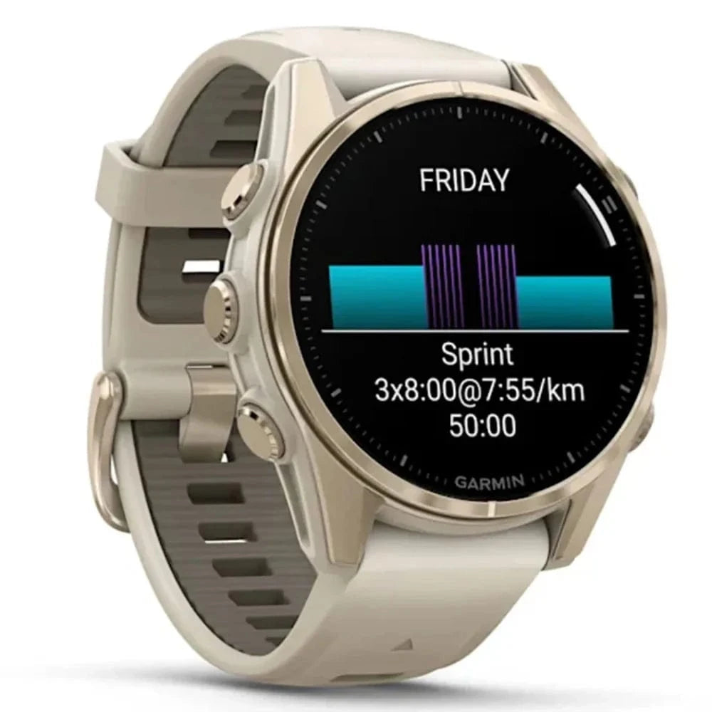 Garmin Fenix 8 Smartwatch 43mm AMOLED Display with Sapphire Lens - Soft Gold Case & Fog Gray/Dark Sandstone Silicone Band - GPS, Heart Rate Monitor for Running, Hiking, Swimming & Outdoor Activities