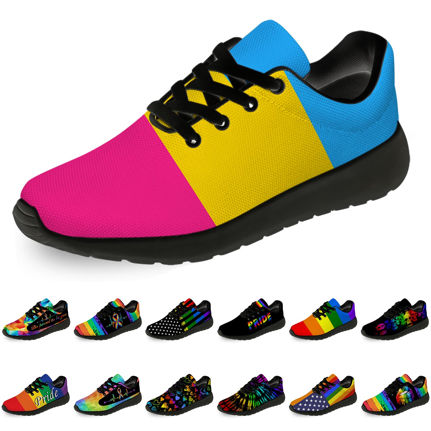 Unisex Pansexual LGBTQ Pride Running Shoes - Comfortable Walking & Tennis Sneakers with LGBTQ Flag Design - Size 10.5 Men/12 Women in Black - Perfect for Pride Parades, Gym Workouts & Casual Wear