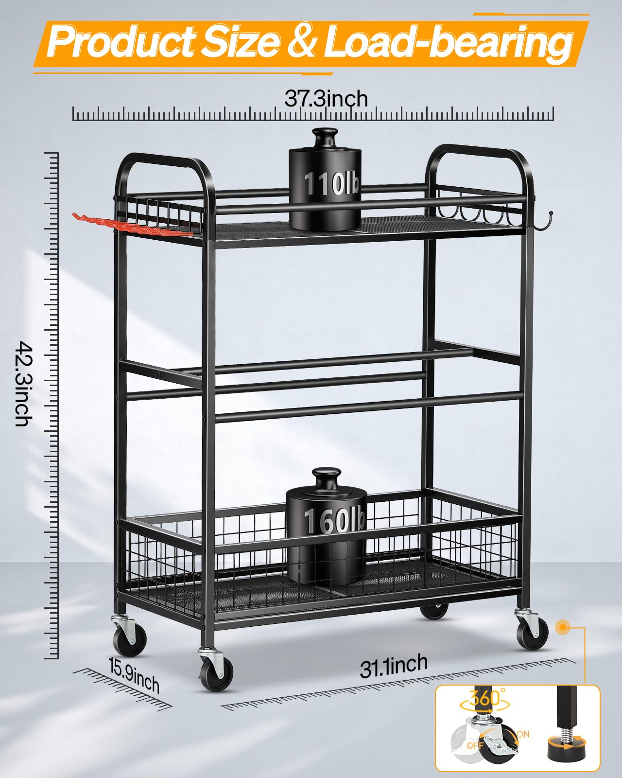 Portable Rolling Ball Storage Cart with Wheels & Hooks - Sports Equipment Organizer for Basketball, Baseball, Soccer Balls - Perfect for Garage, Gym, Playroom & Outdoor Gear Storage