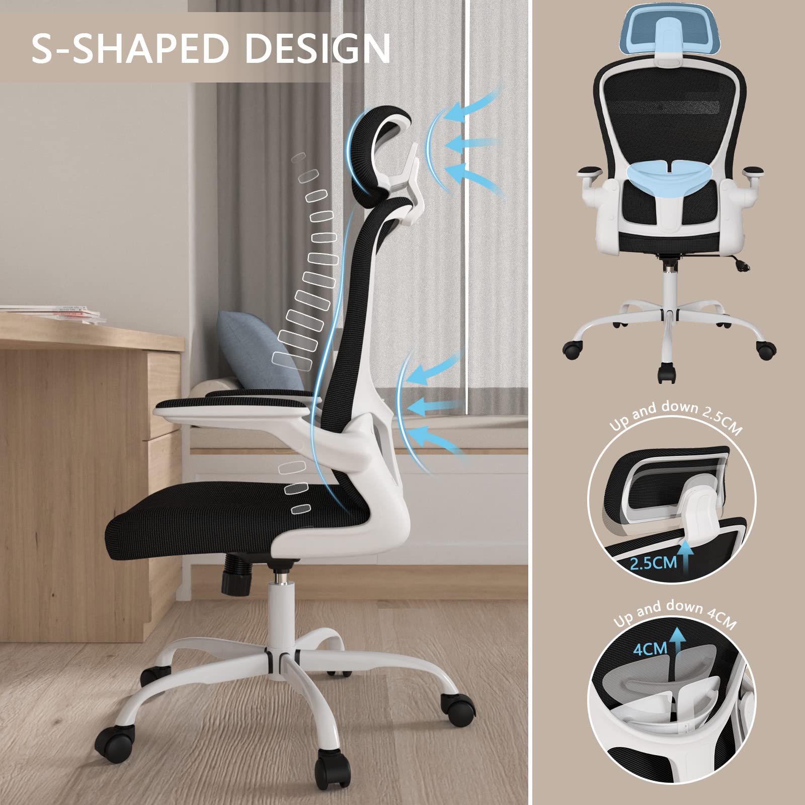 Ergonomic High Back Office Chair with Adjustable Lumbar Support & Headrest - Breathable Mesh Task Chair, Swivel Executive Desk Chair with Flip-Up Armrests - Perfect for Home Office, Gaming & Workspaces