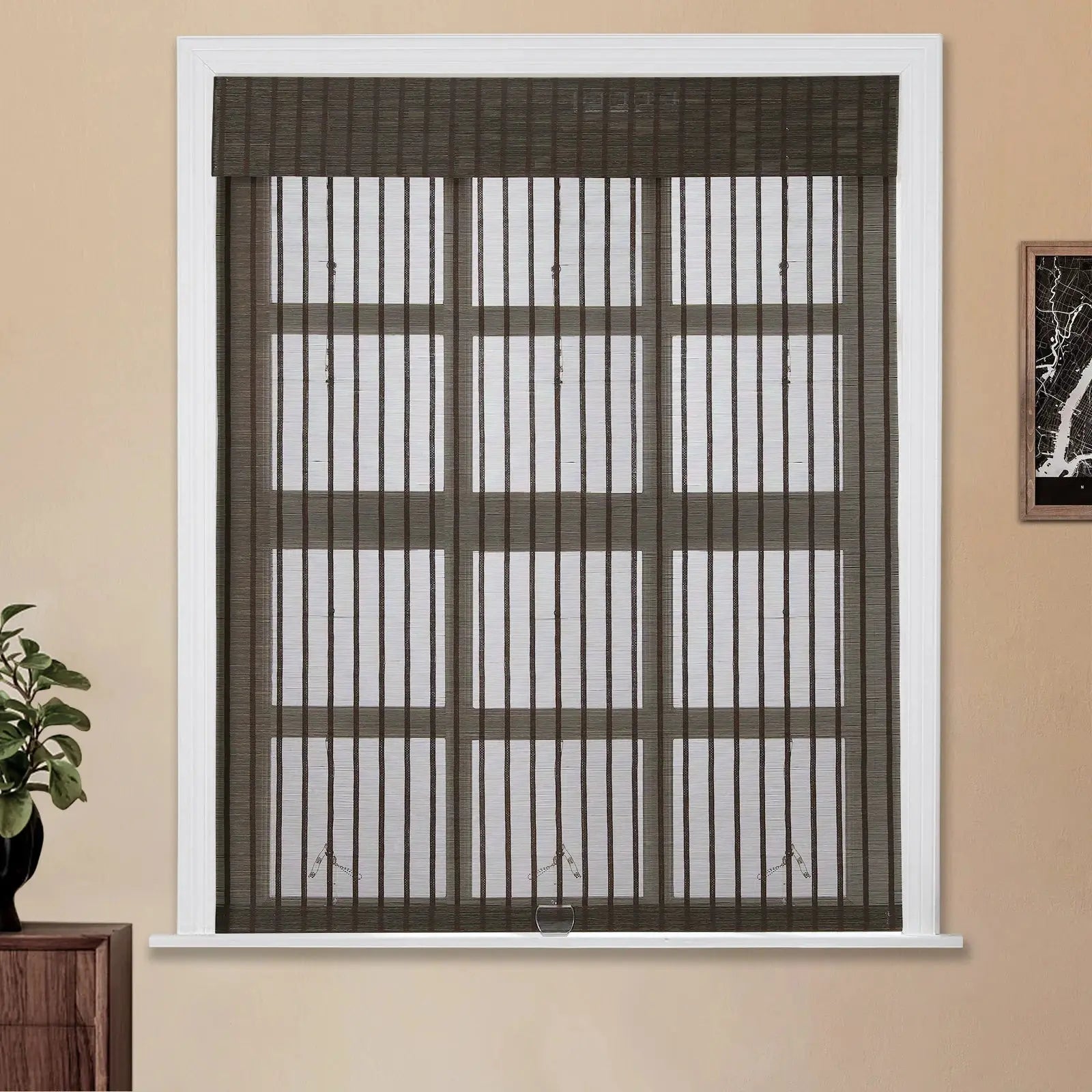 Sybil Bamboo Roman Shade in Deep Taupe - Eco-Friendly Window Treatment for Living Room & Bedroom