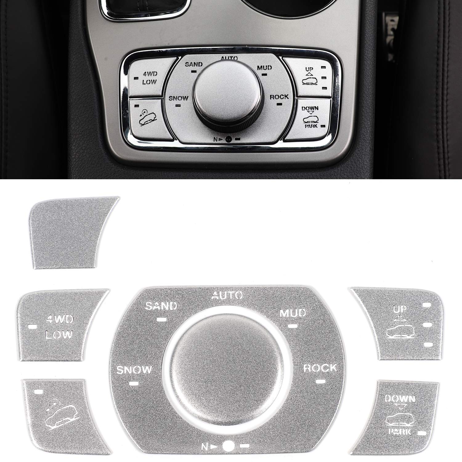 CheroCar Jeep Grand Cherokee 4WD Control Button Cover (2016-2021) - Silver Aluminum Alloy Interior Accessories (7-Piece Set) | Dash Decoration & Protection for Off-Road Adventures
