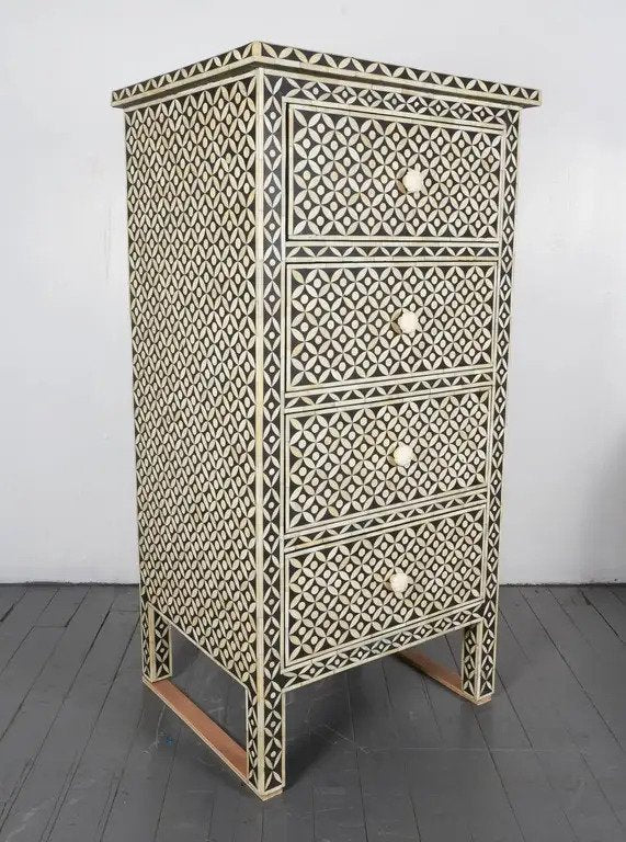 Handmade Bone Inlay Dresser - Black & White Tallboy Chest with 4 Drawers for Bedroom Storage & Home Decor