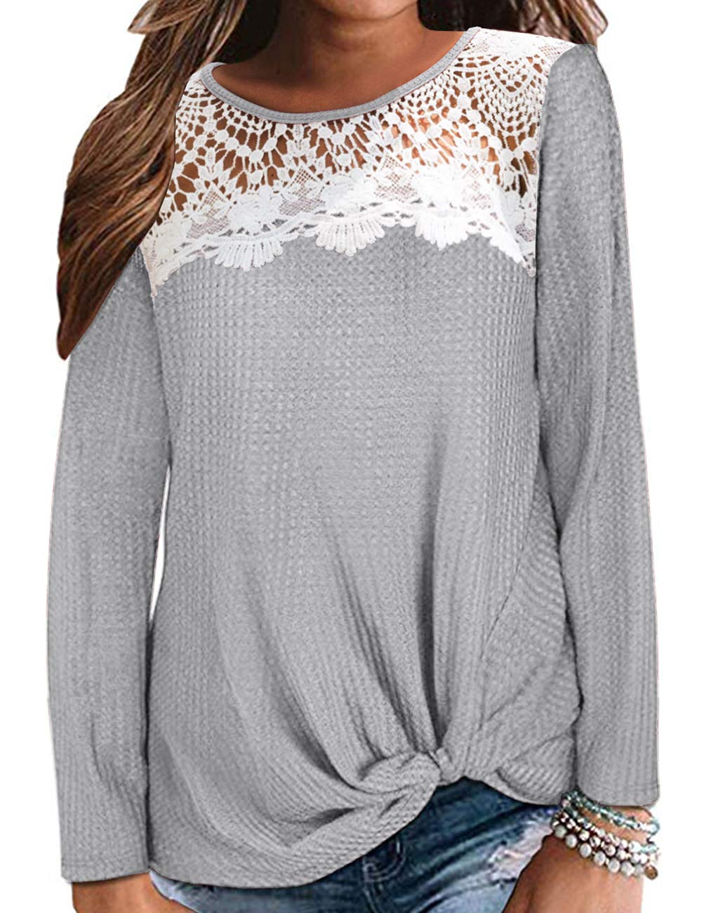 Women's Floral Lace Patchwork Crewneck Long Sleeve Waffle Knit Blouse with Twist Knot Front - Casual Chic Tops for Fall, Date Night & Office Wear