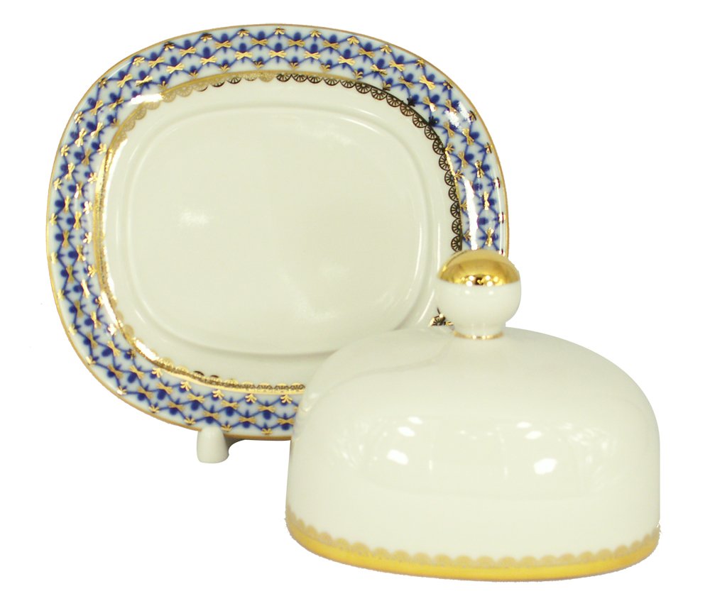 Lomonosov Porcelain Butter Dish - Elegant Rectangular Cobalt Net Design - Perfect for Breakfast, Brunch & Tea Parties - Russian Fine Dining Tableware