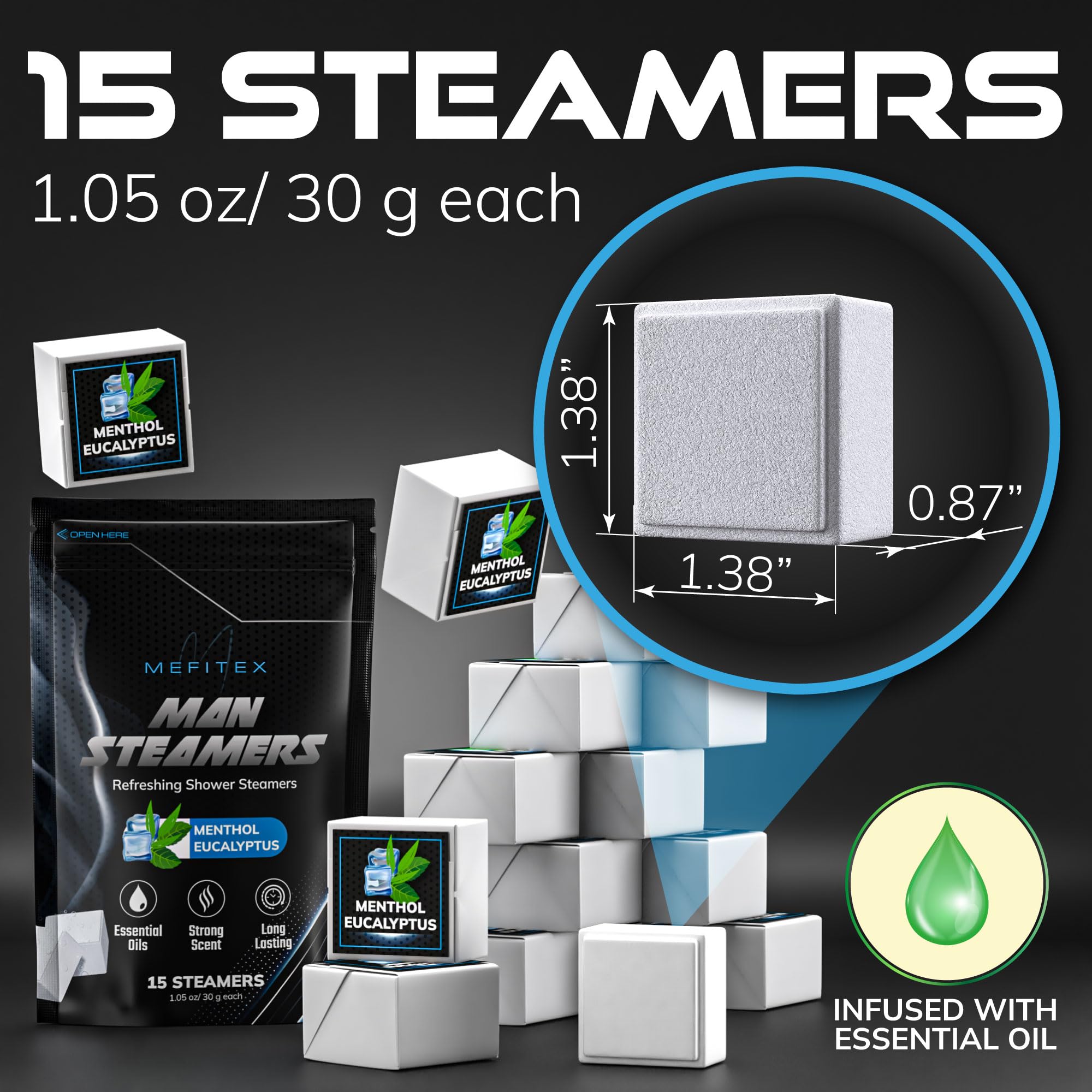 30 Pack Menthol Eucalyptus Aromatherapy Shower Steamers for Men - Relaxing Shower Tablets with Essential Oils for Stress Relief & Muscle Relaxation - Perfect for Post-Workout, Cold & Flu Season