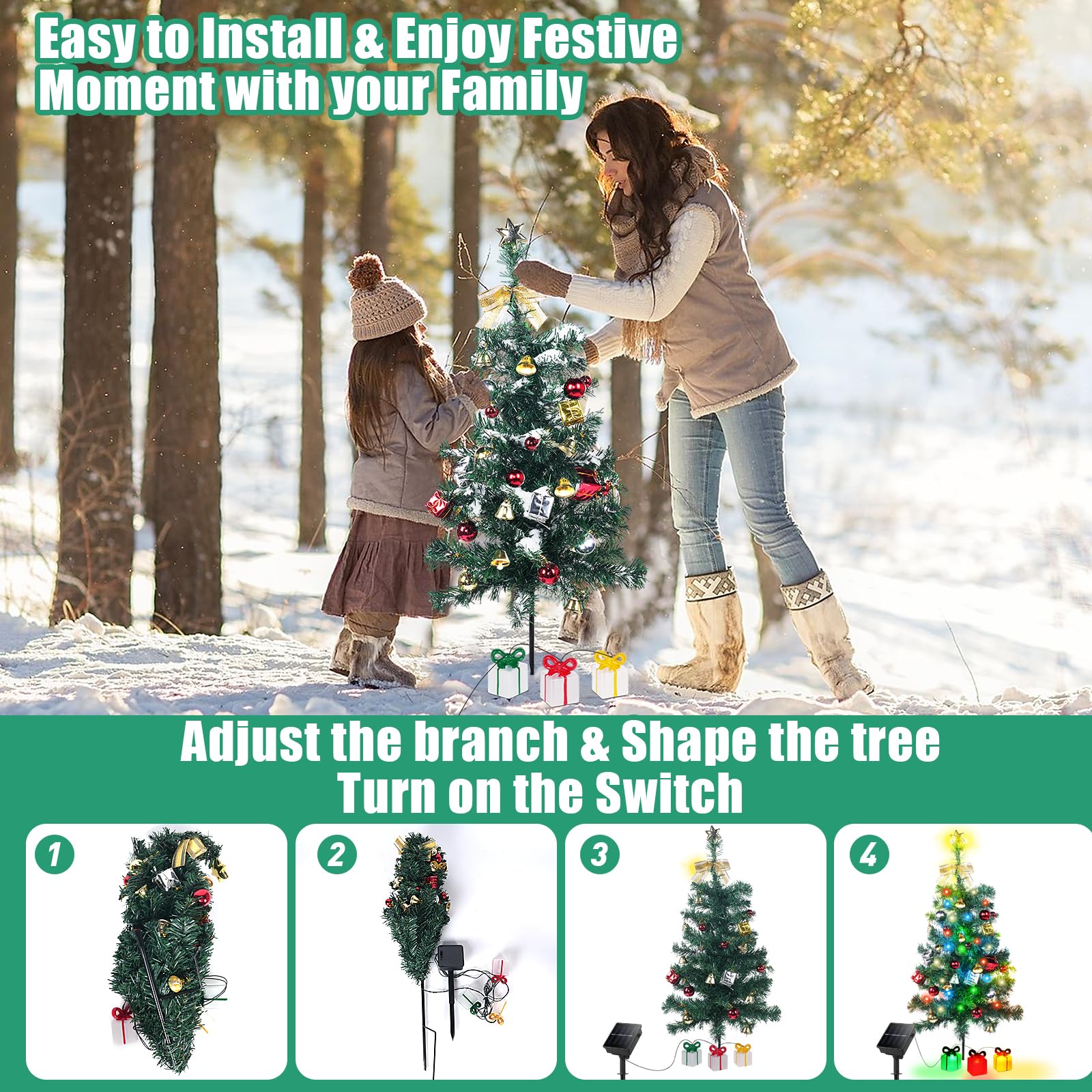 Solar Powered Mini Christmas Tree Lights Outdoor Decor - 30 Inch Pre-Lit LED Tree with 8 Flashing Modes (2 Pack) | Waterproof Holiday Decoration for Pathway, Patio, Yard, Garden & Cemetery | Perfect for Christmas, Halloween, Parties & Festive Events