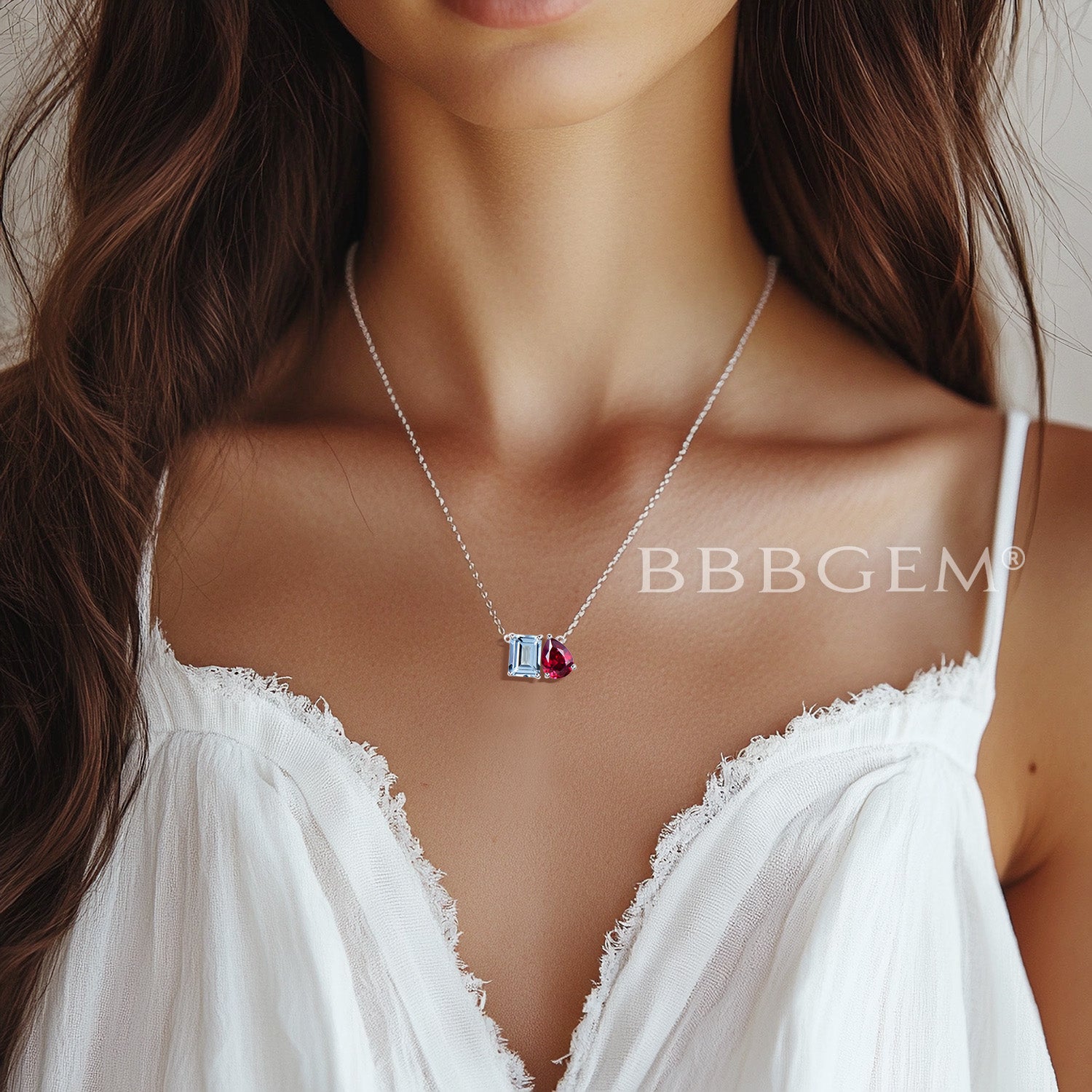Natural Aquamarine and Ruby Toi Et Moi Necklace - Two Stone Pendant Jewelry for Women - Elegant Gift for Anniversary, Valentine's Day or Special Occasions