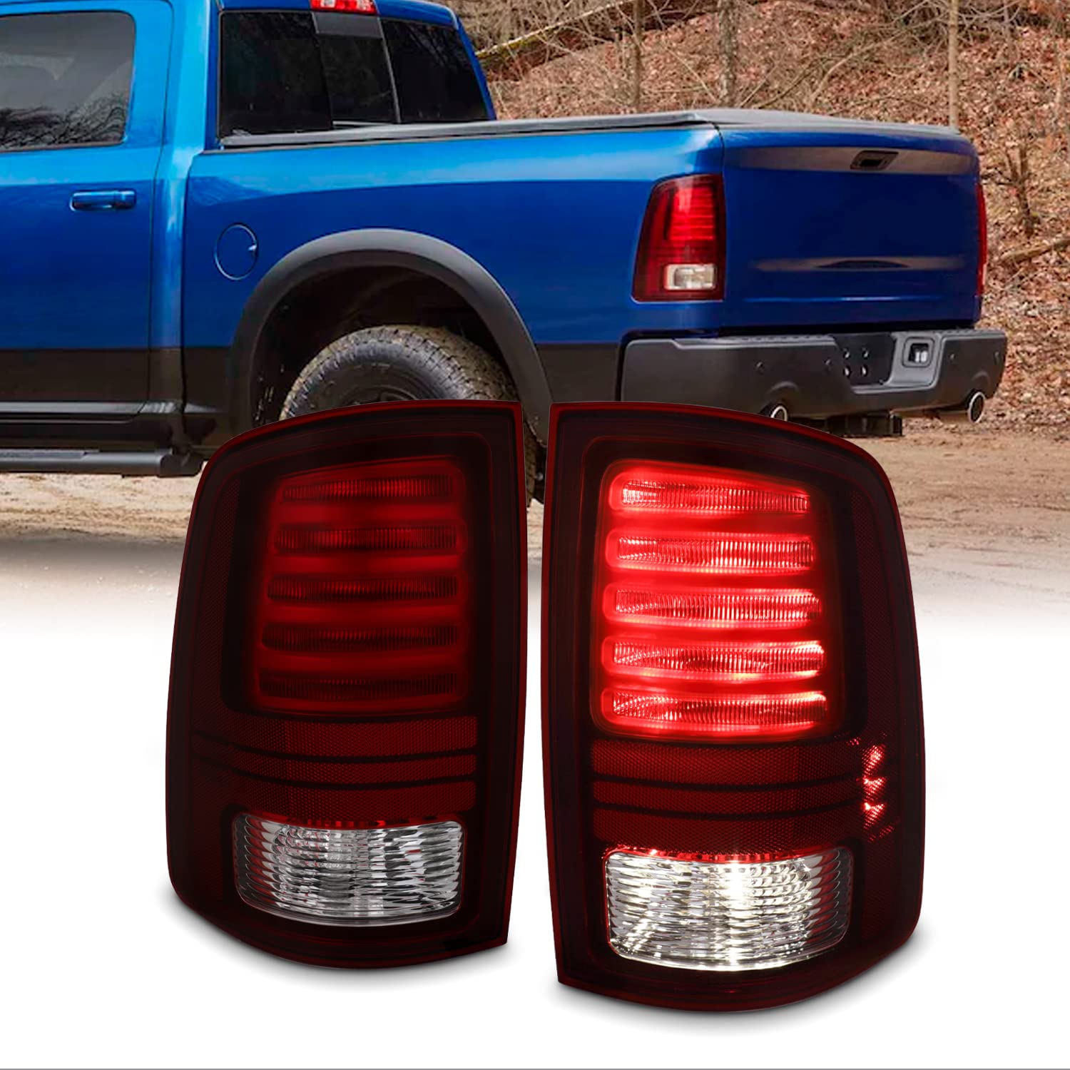 AKKON Dark Red LED Tail Lights Brake Lamps Pair for 2013-2018 RAM 1500 2500 3500 Pickup Truck - Driver & Passenger Side - Enhanced Safety & Style for Night Driving & Off-Road Adventures