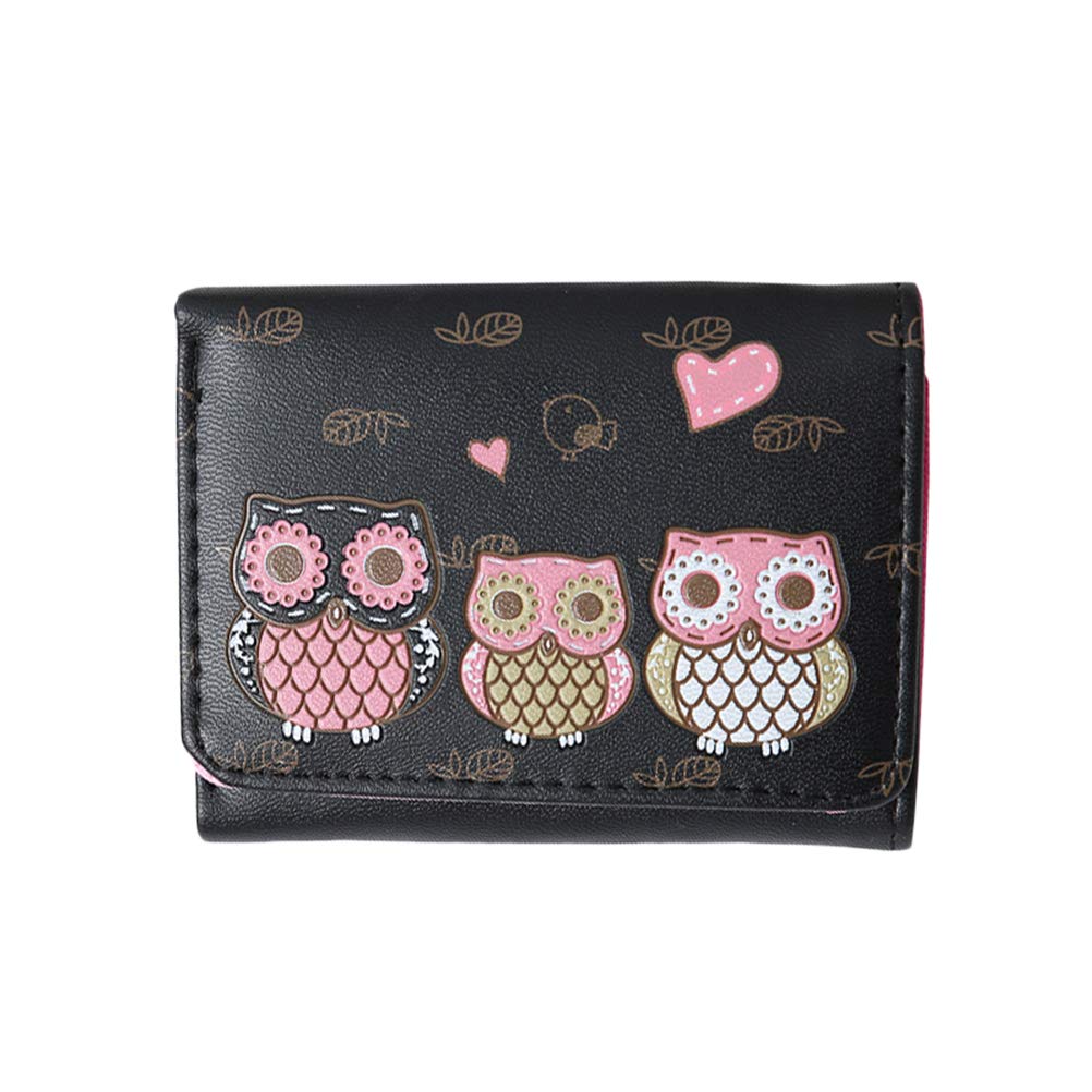 Amosfun Owl Print Mini Wallet for Women - Small Clutch Purse with Coin Holder, Cartoon Design, Under $10 (Black) | Perfect for Girls, Ladies, Teens - Great for Parties, Travel & Everyday Use