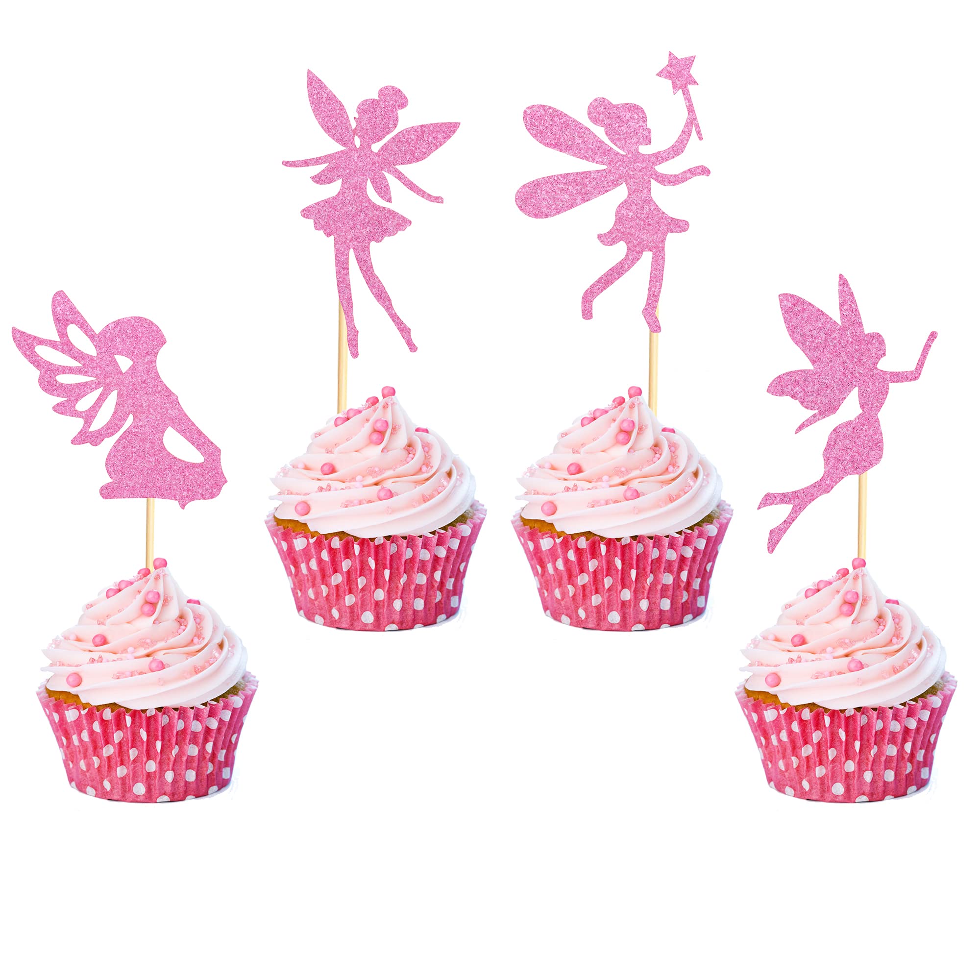 48pcs Fairy Cupcake Toppers - Ballet Dancer Angel Decorations for Birthday, Bridal Shower, Baby Shower & Wedding (Pink Glitter) | Pre-Assembled Party Supplies for Cakes, Desserts & Sweet Treats