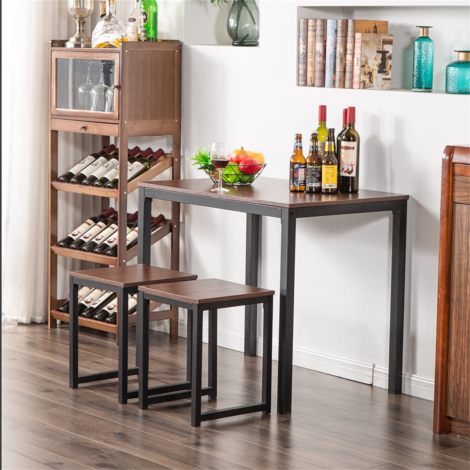 Modern 3-Piece Bar Table Set with Wood Grain Tabletop & Black Metal Frame - Kitchen, Cafe & Pub Height Dining Set (Walnut) | Perfect for Small Spaces, Breakfast Nooks & Coffee Shops