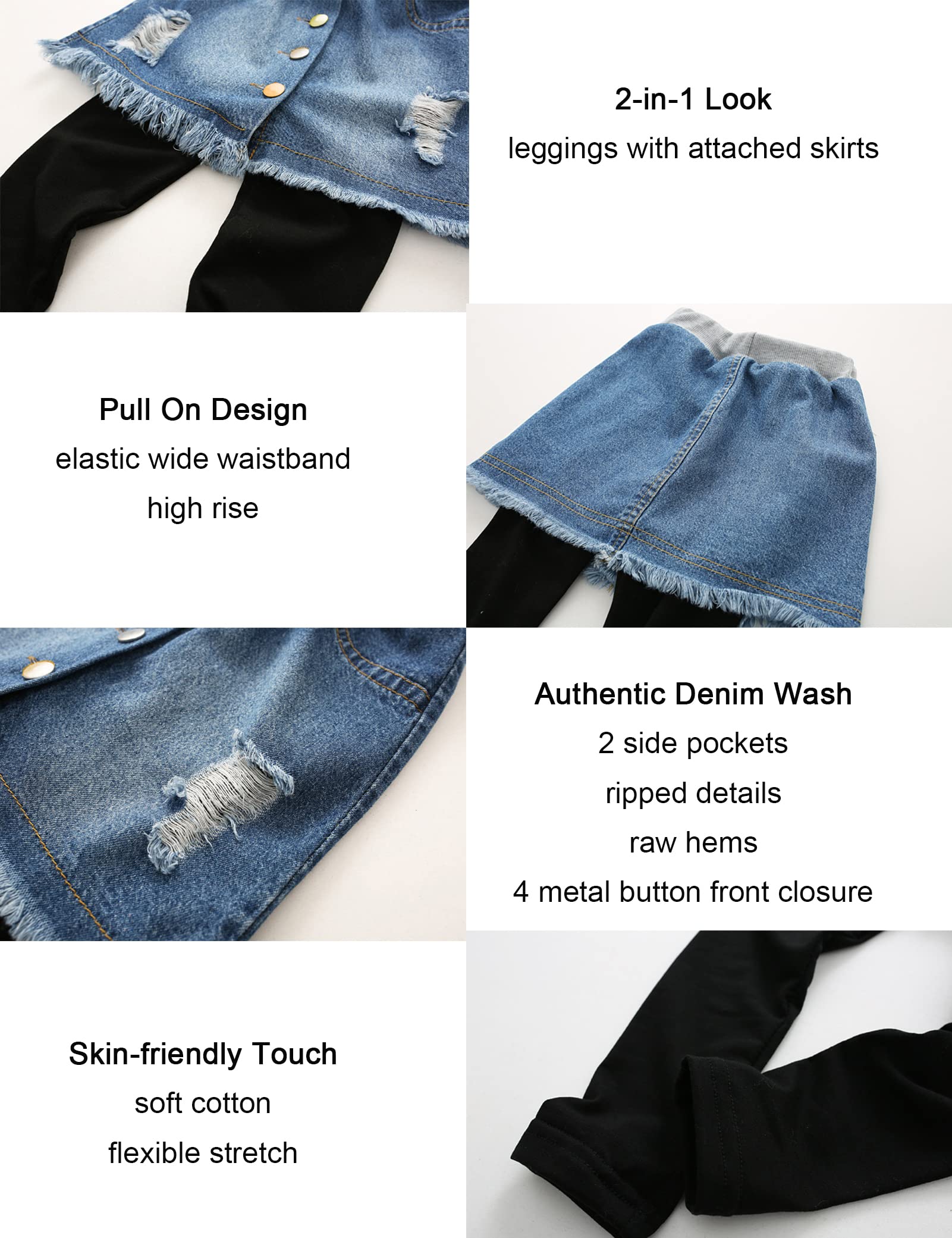 Kiench Girls' Denim Skirt Leggings - Soft Stretchy Footless Tights with Attached Skirt for School, Play & Everyday Wear