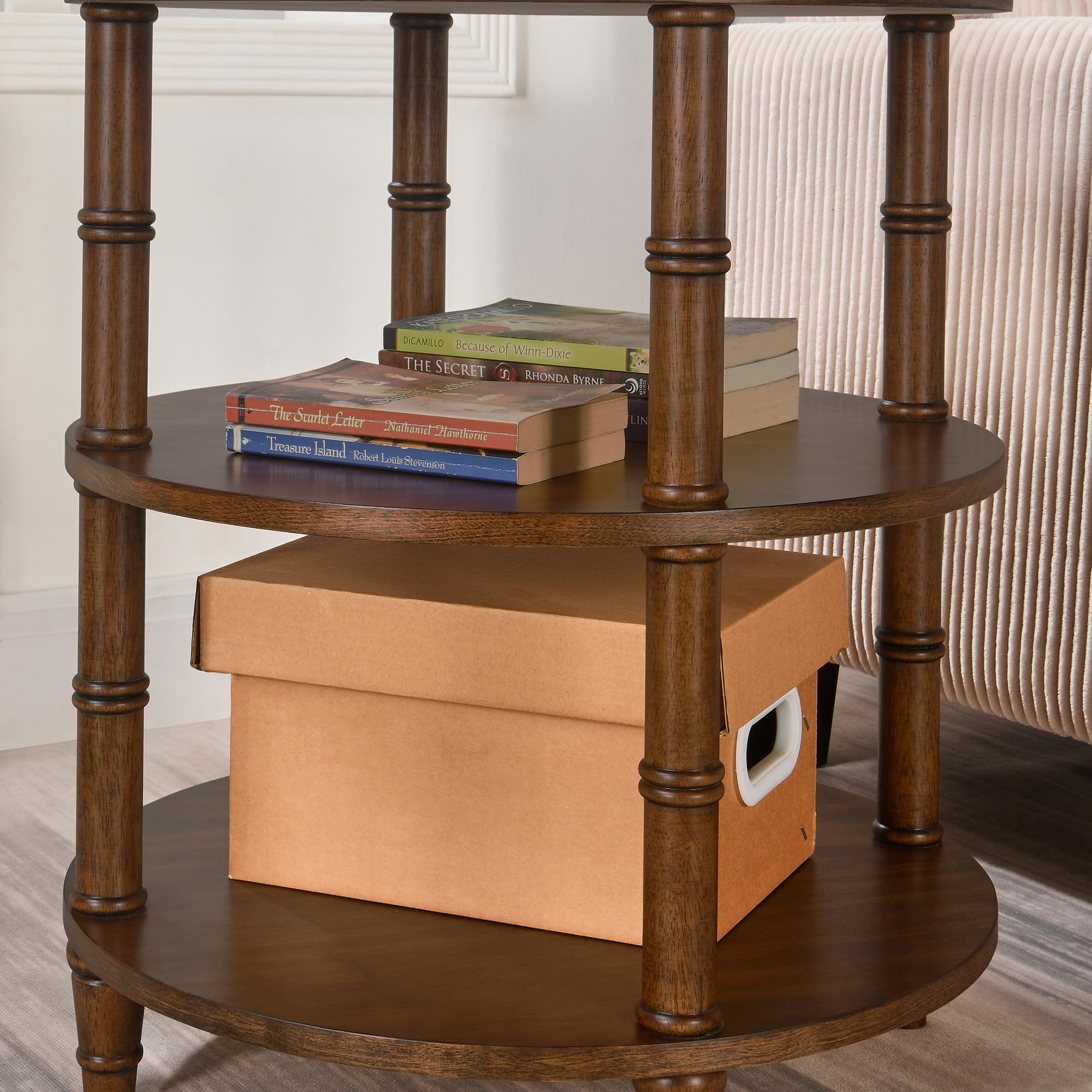 LEEMTORIG 3-Tier Round End Side Table with Storage Shelf - Solid Wood Nightstand, Mid-Century Modern Bedside Table for Bedroom, Living Room, Office - Easy Assembly Walnut Brown - Perfect for Small Spaces, Apartment Decor & Reading Nook Accessories