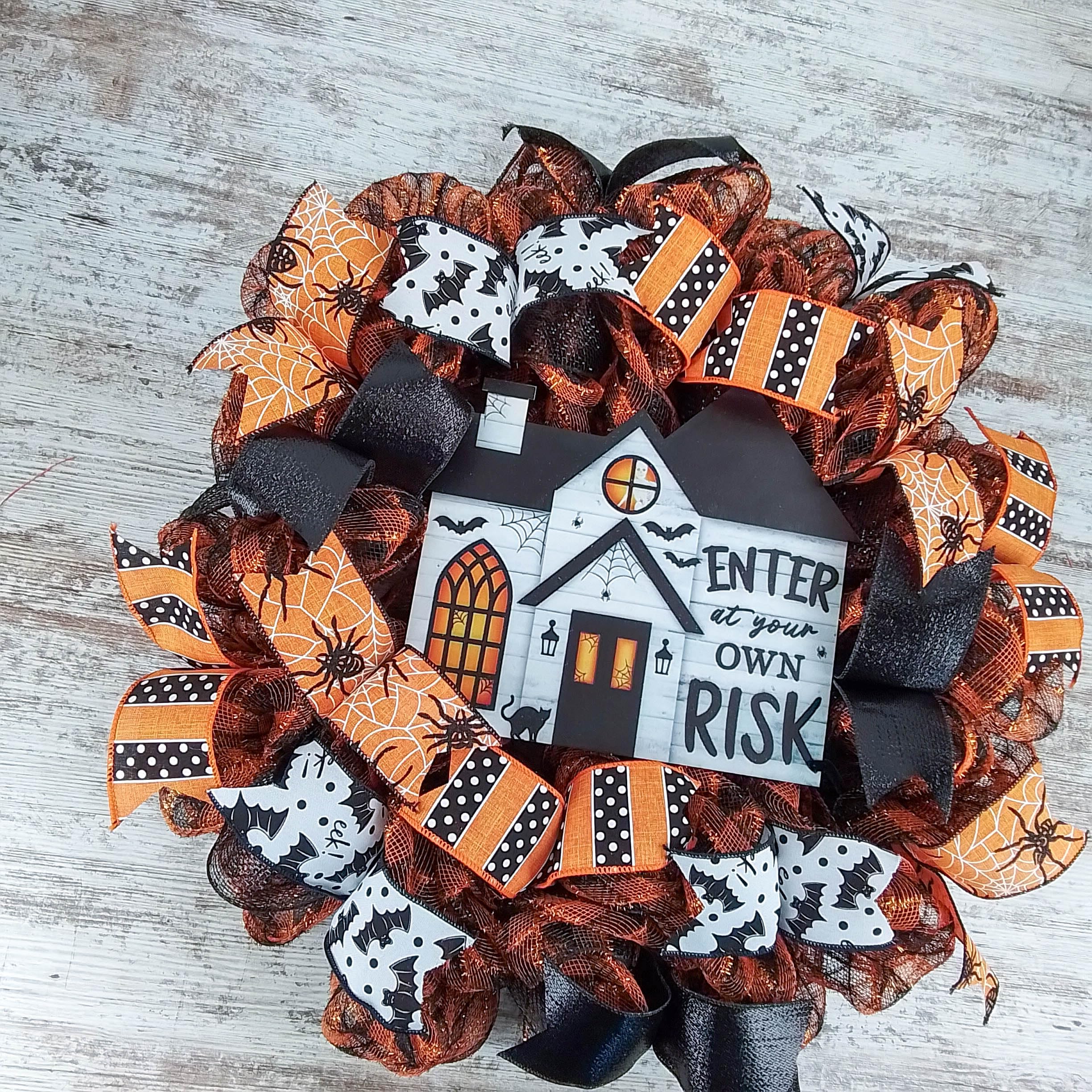 Spooky Halloween Wreath - Haunted House Door Decor with Orange Black White Stripes - Perfect for Front Door, Porch & Party Decorations