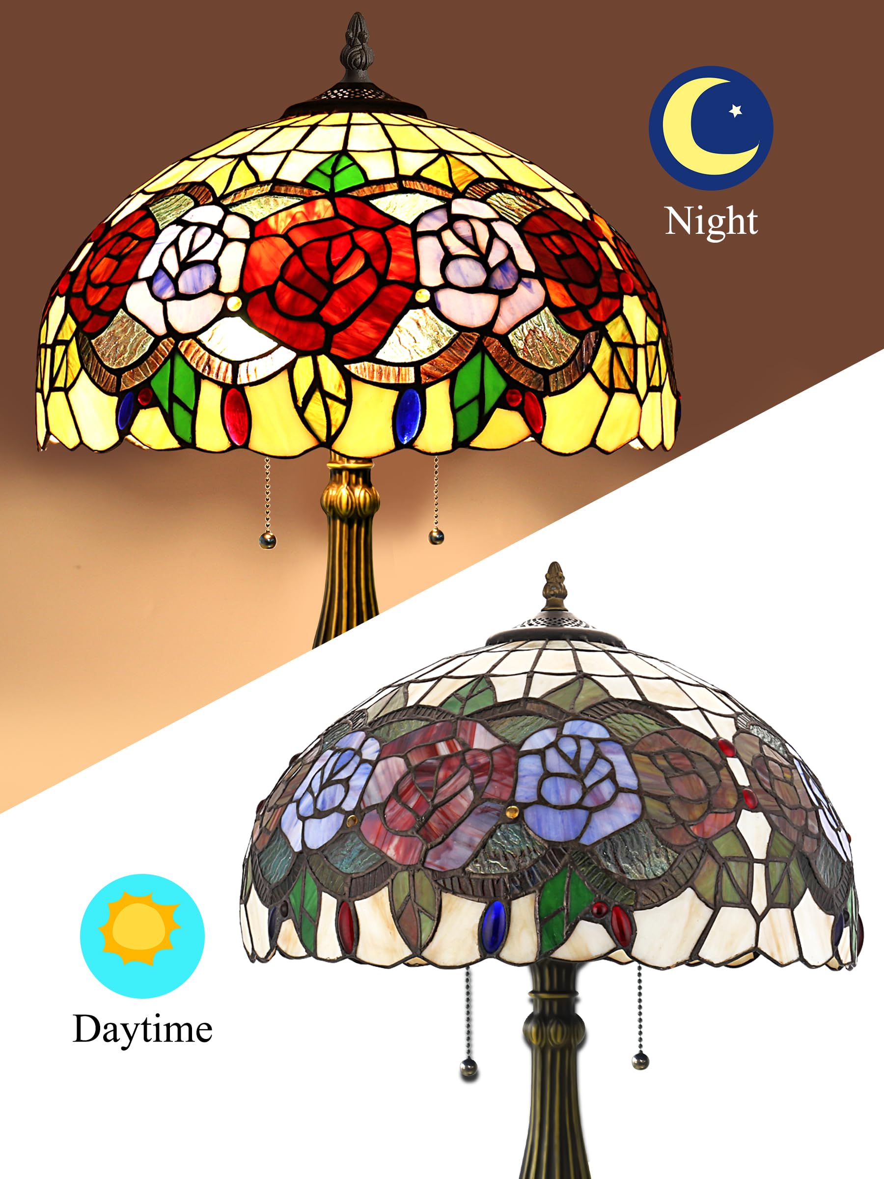 Tiffany Style Stained Glass Rose Table Lamp - 24 Inch Tall, 16 Inch Wide Shade, Antique Zinc Base with 2 Bulbs - Perfect for Living Room, Bedroom, Kitchen & Family Room Decor