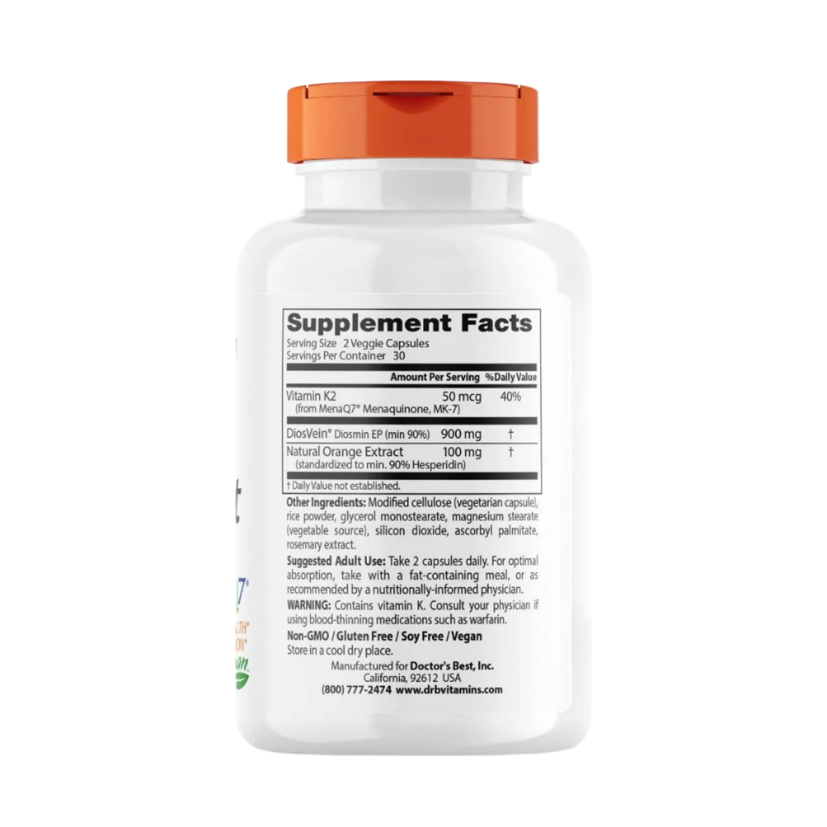 Doctor's Best Vein Support Supplement with DiosVein & MenaQ7 - 60 Vegetarian Capsules for Circulation & Leg Health - Supports Healthy Blood Flow for Active Lifestyles & Long Sitting Hours